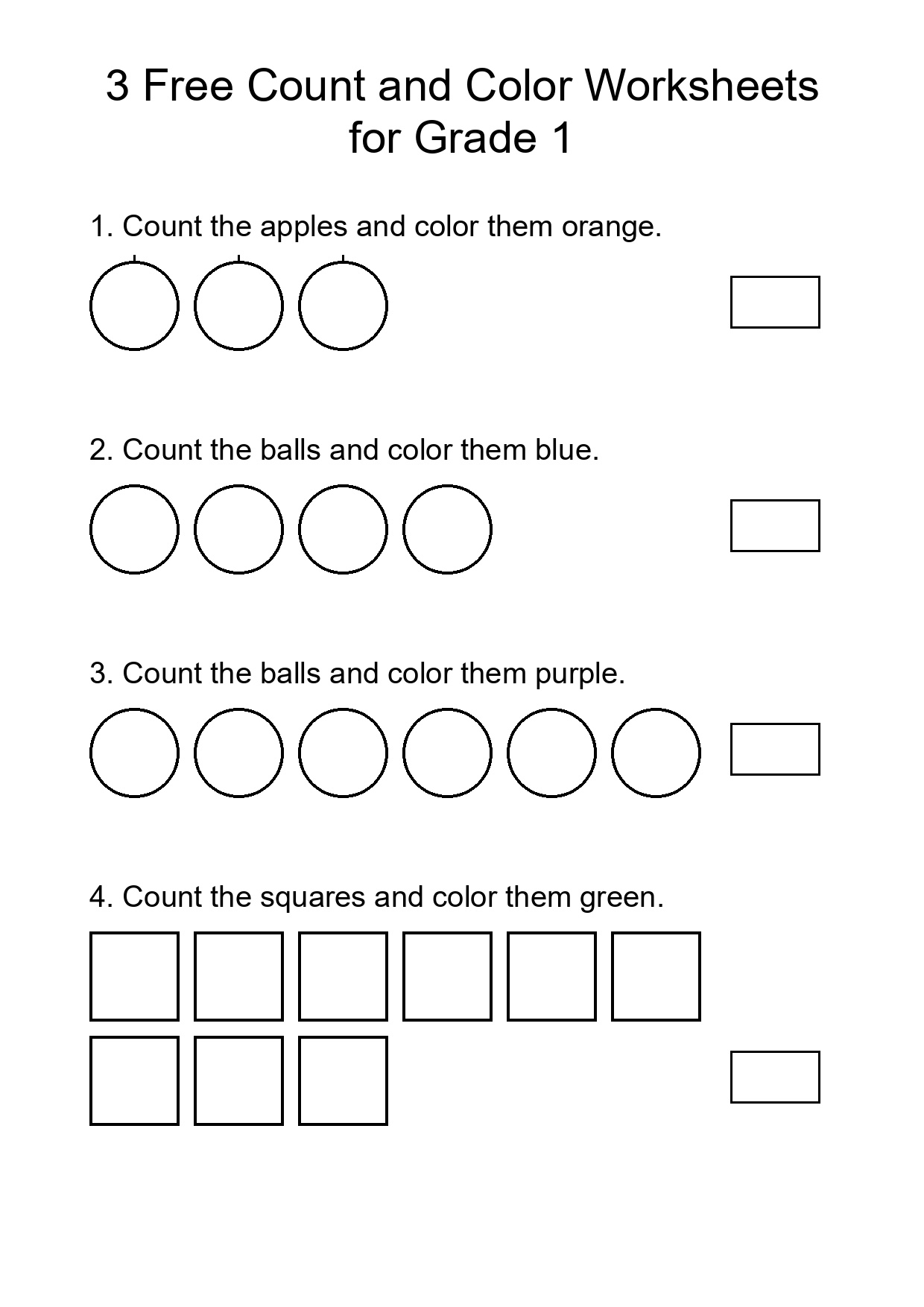 3 Free Count and Color Worksheets for Grade 1