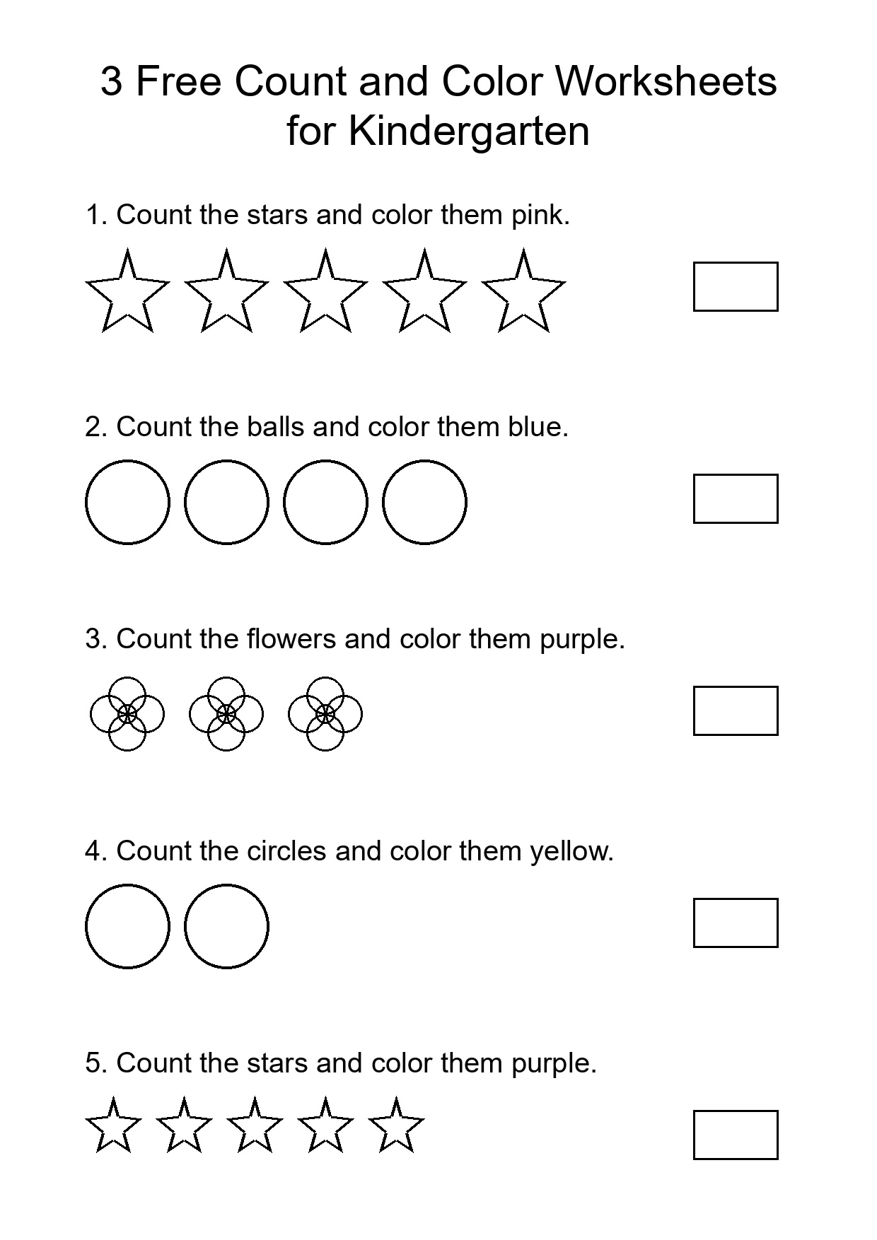 3 Free Count and Color Worksheets for Kindergarten