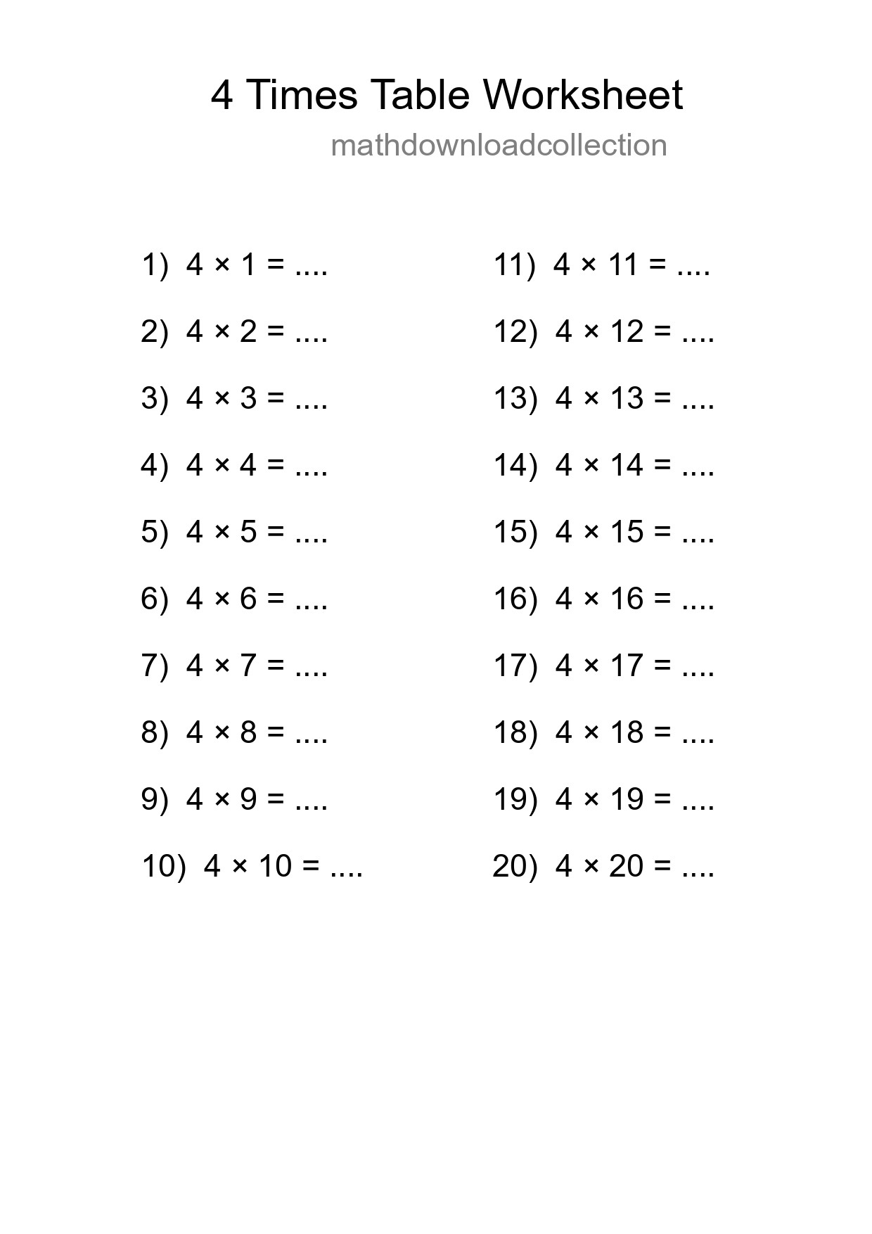 4 Times Table Worksheet For Grade 2 With Answers - Part 251