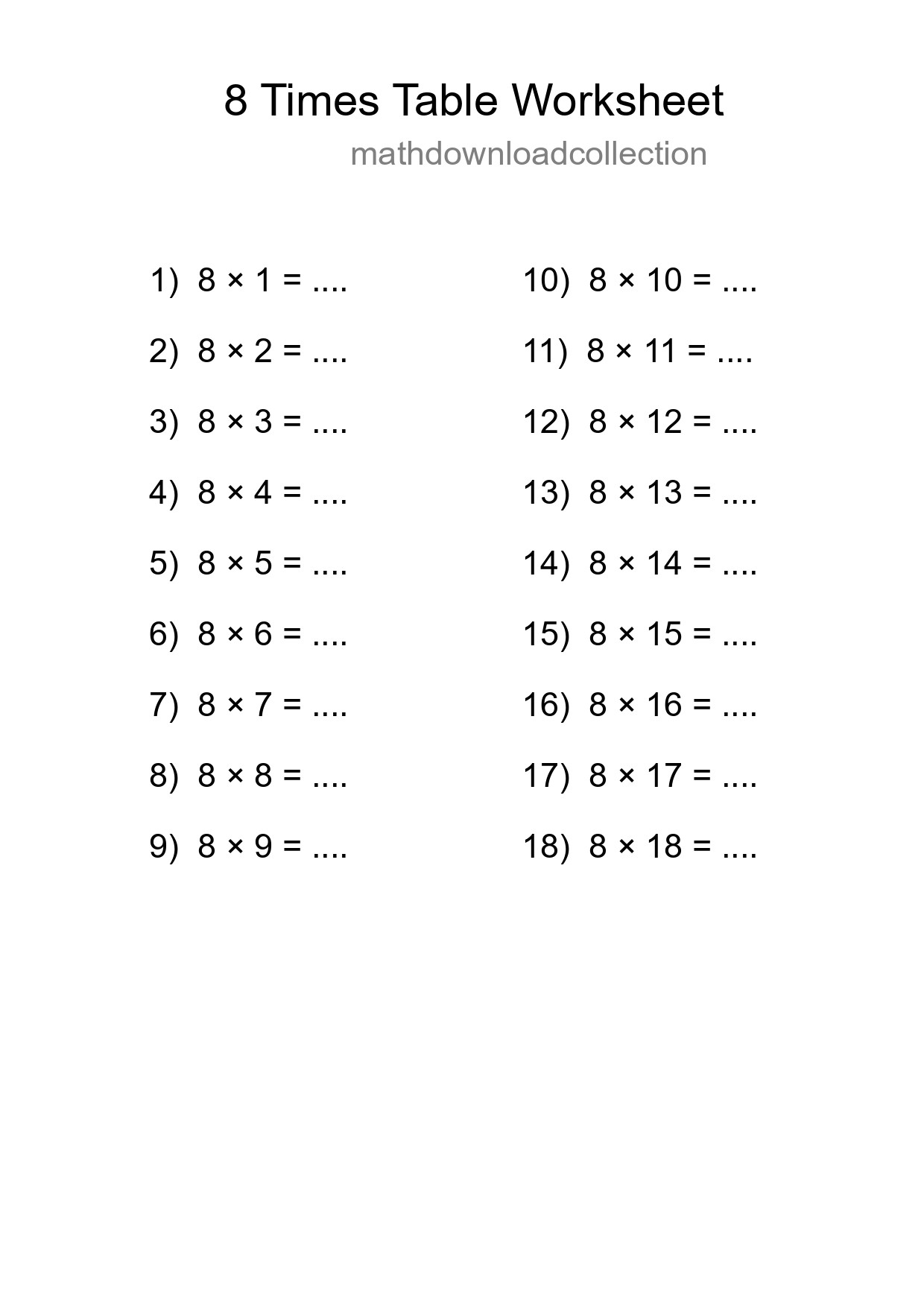 8 Times Table Worksheet For Grade 3 With Answers - Part 141