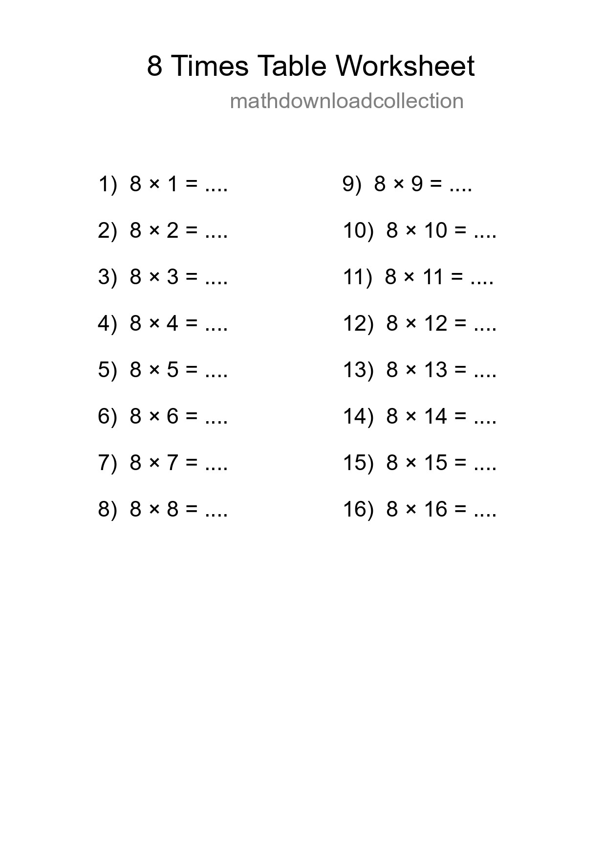 8 Times Table Worksheet For Grade 3 With Answers - Part 75