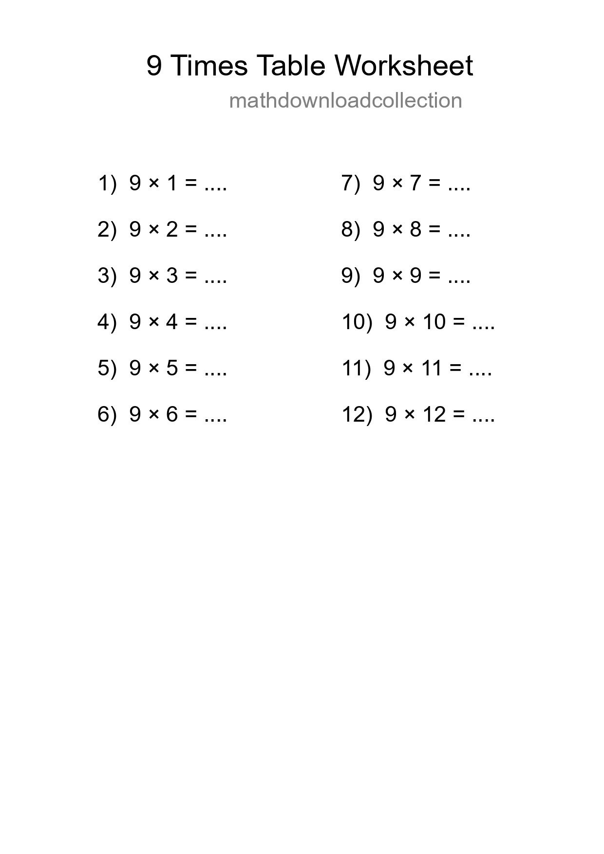 9 Times Table Worksheet For Grade 3 - Part 207