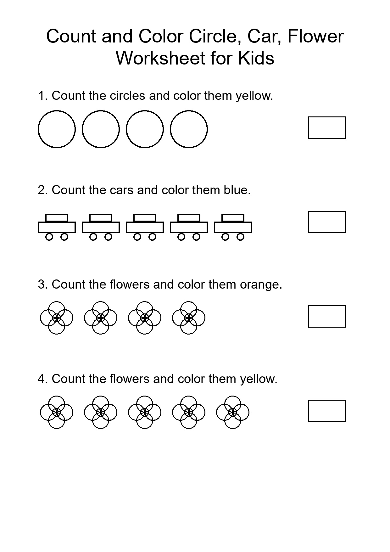 Count and Color Circle, Car, Flower Worksheet for Kids