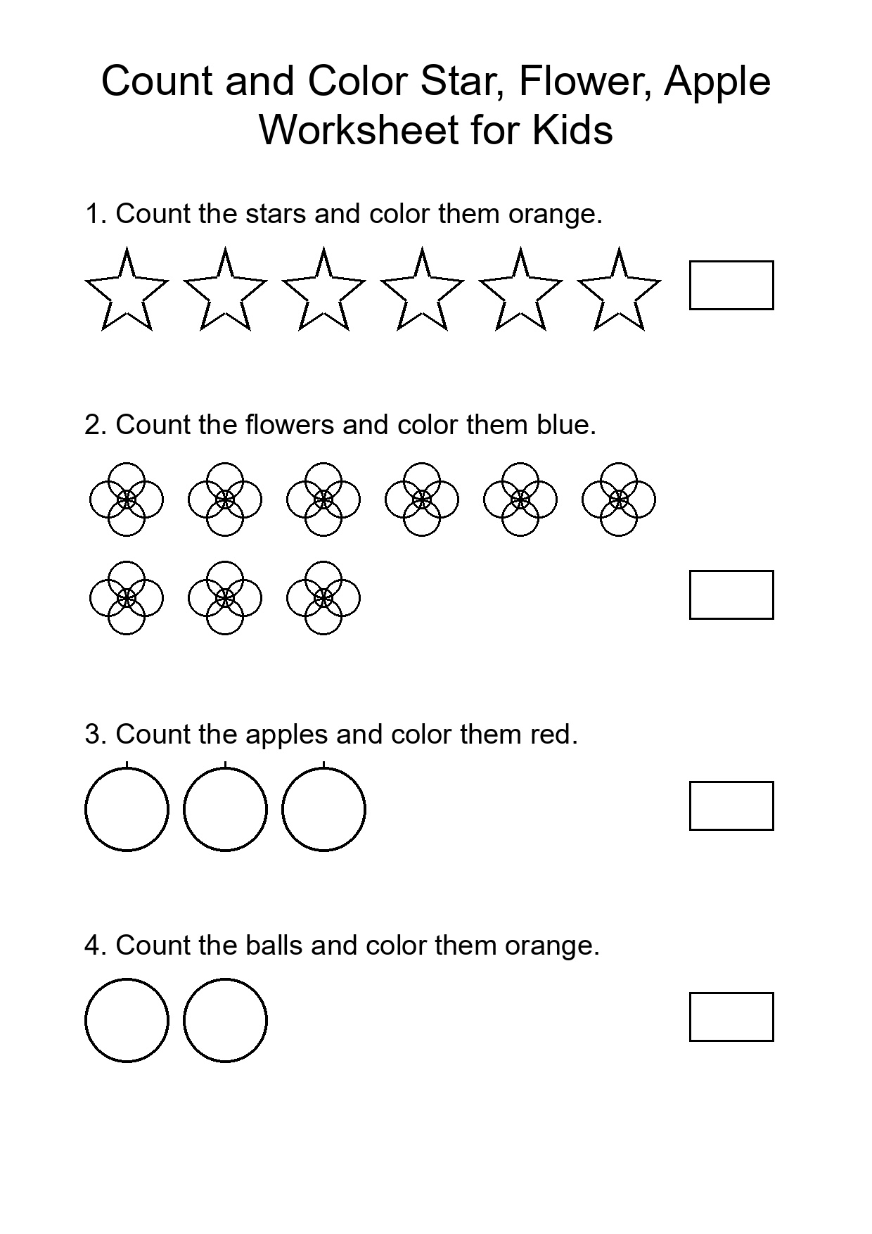 Count and Color Star, Flower, Apple Worksheet for Kids