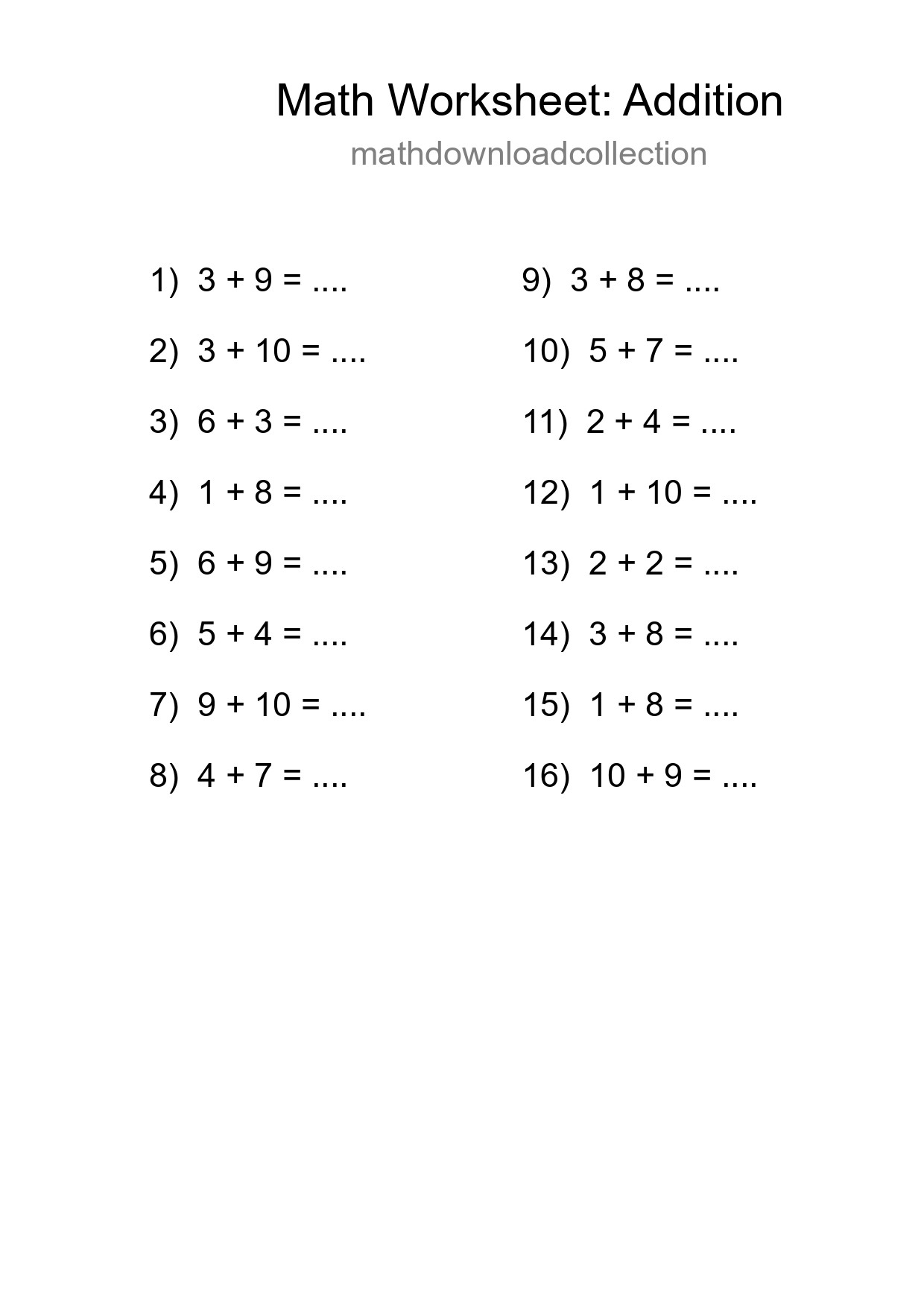 Free 16 Addition Math Worksheet For Grade 1 With Answers - Part 34