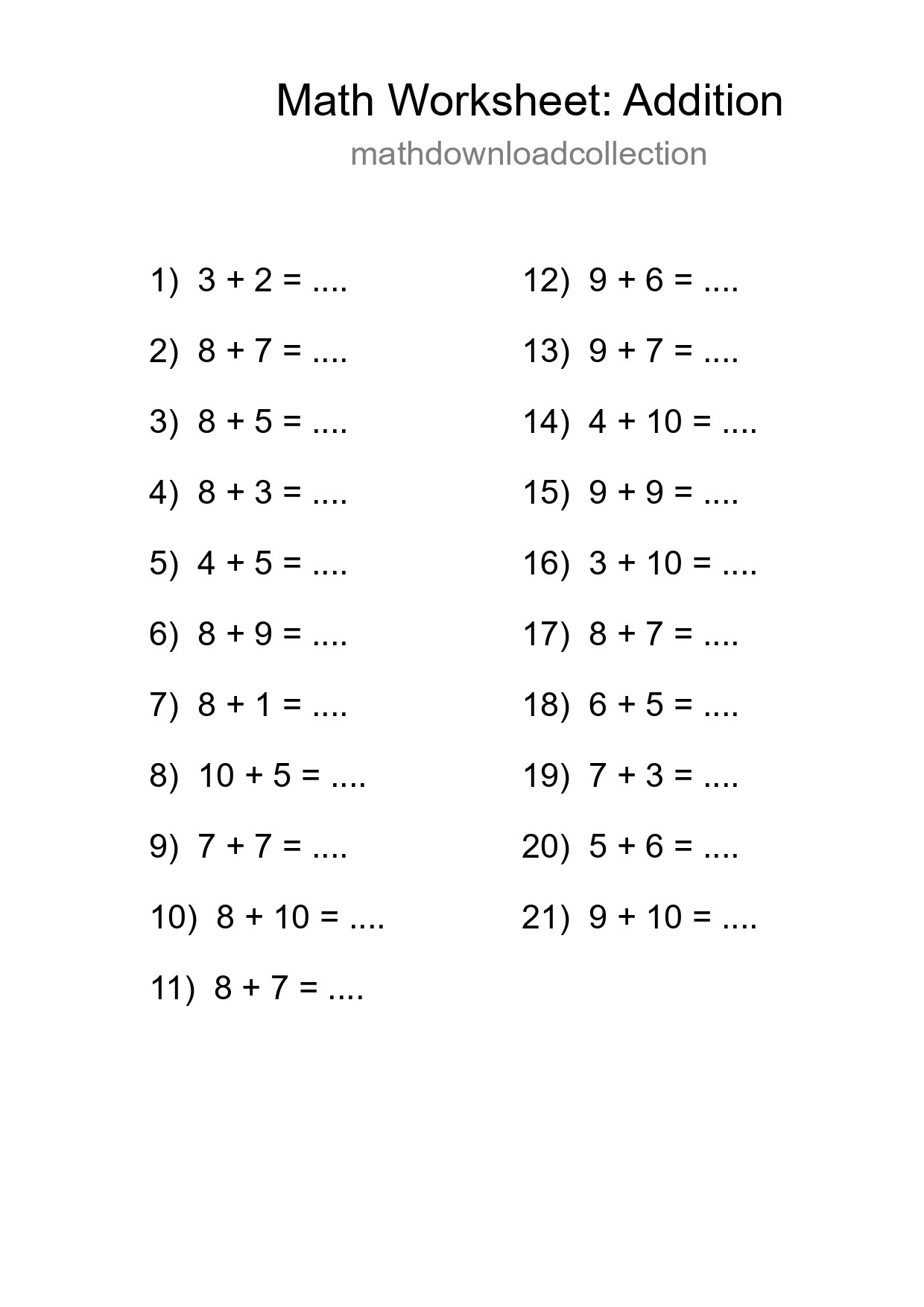 Free 21 Addition Math Worksheet For Grade 1 With Answers - Part 12
