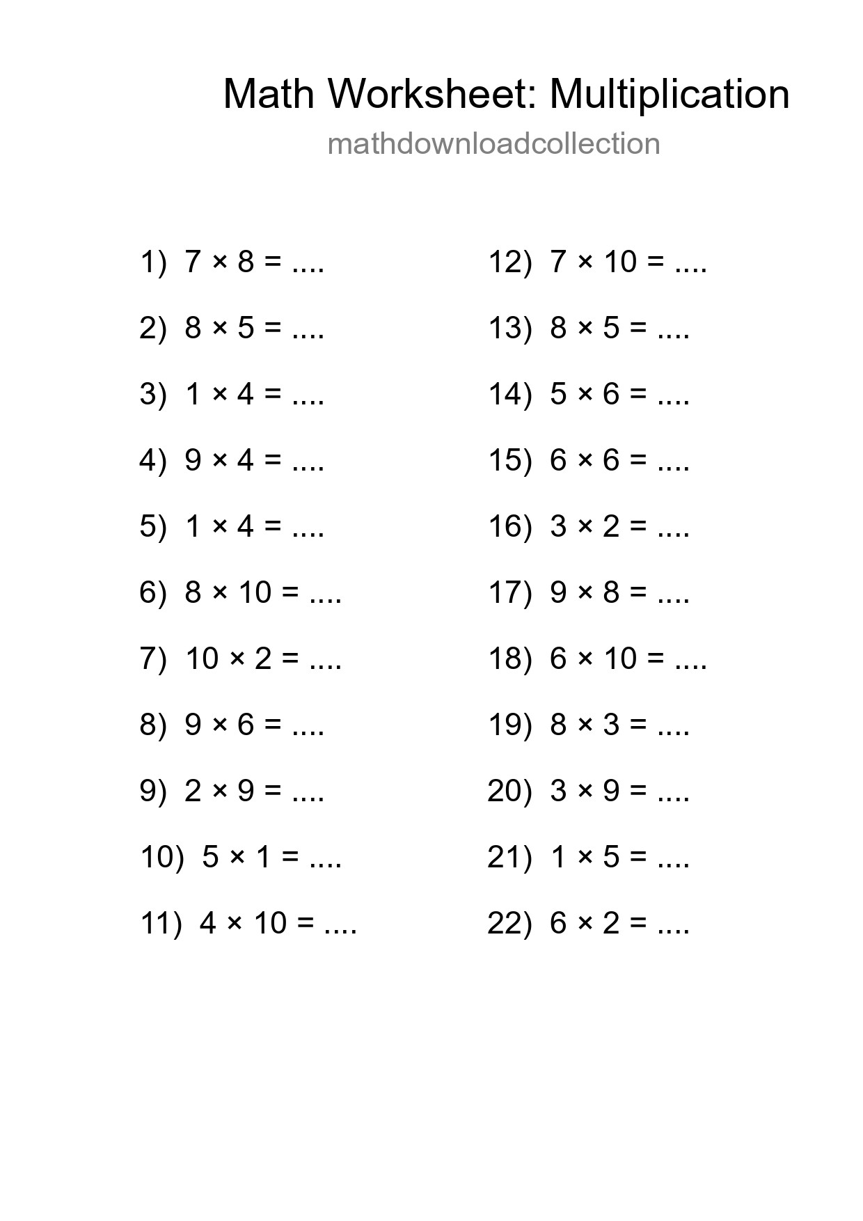 Free 22 Multiplication Math Worksheet For Grade 1 With Answers - Part 40