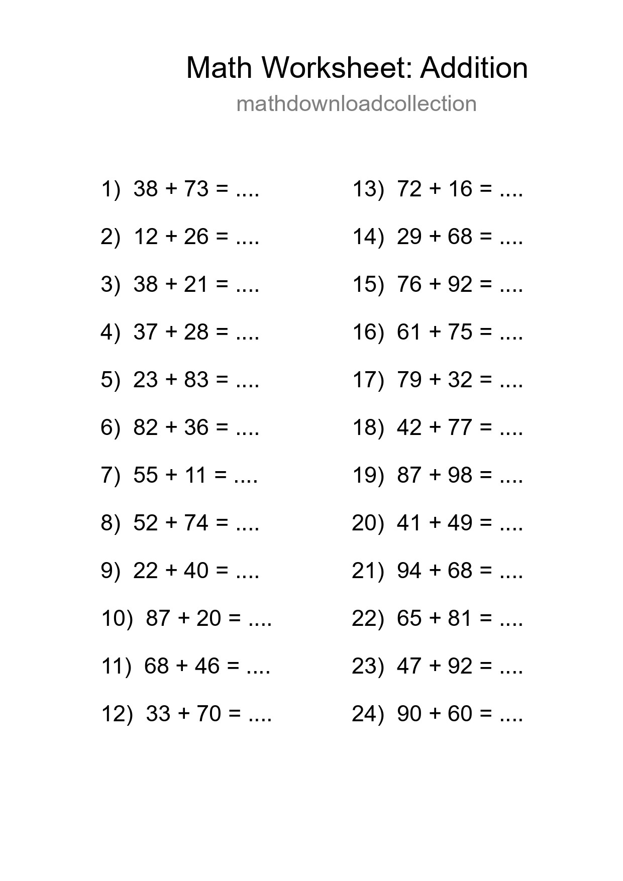 Free 24 Addition Math Worksheet For Grade 3 - Part 100