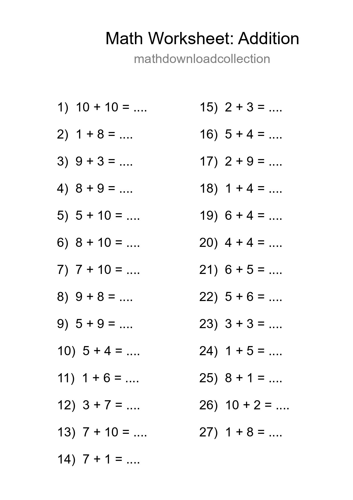 Free 27 Addition Math Worksheet For Grade 1 - Part 111