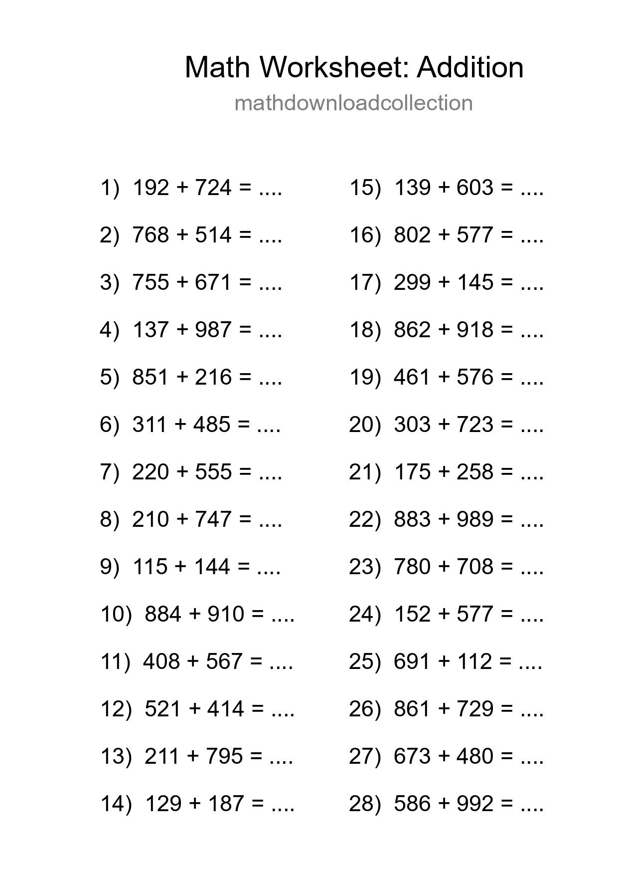 Free 28 Addition Math Worksheet For Grade 5