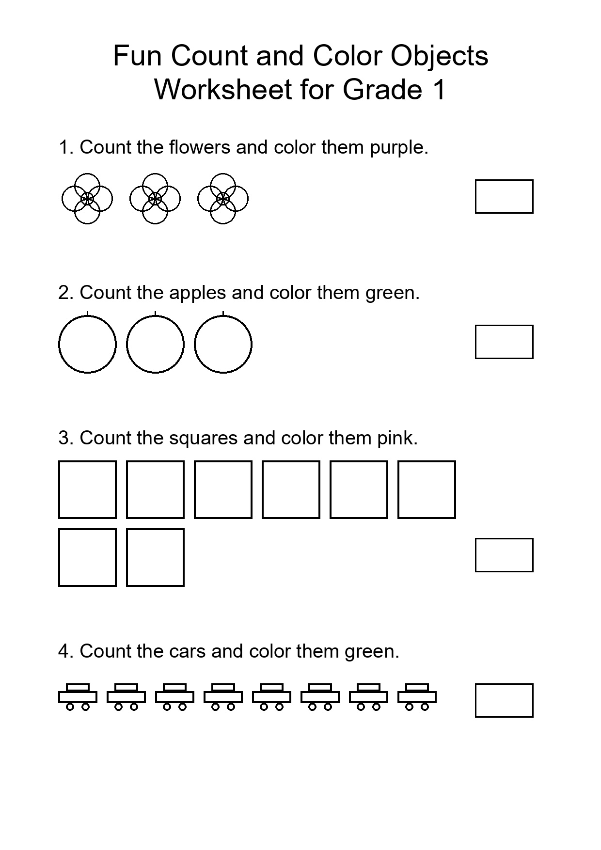 Fun Count and Color Objects Worksheet for Grade 1