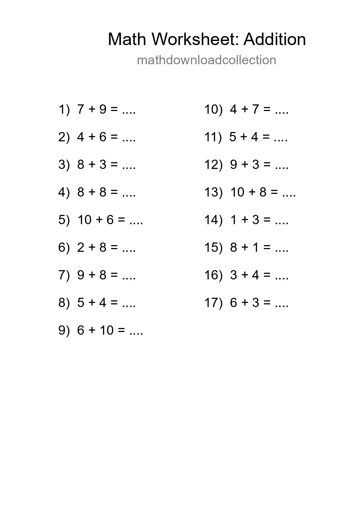 Grade 1 Addition Practice Worksheet (17 Problems) - Part 265