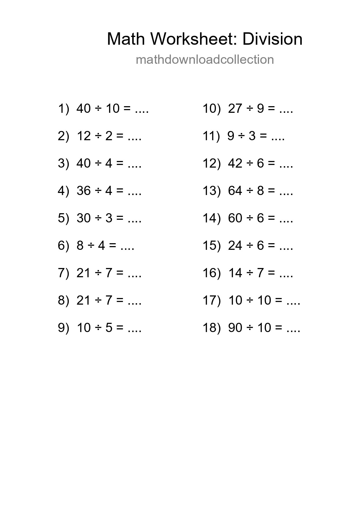 Grade 1 Division Practice Worksheet (18 Problems) - Part 246
