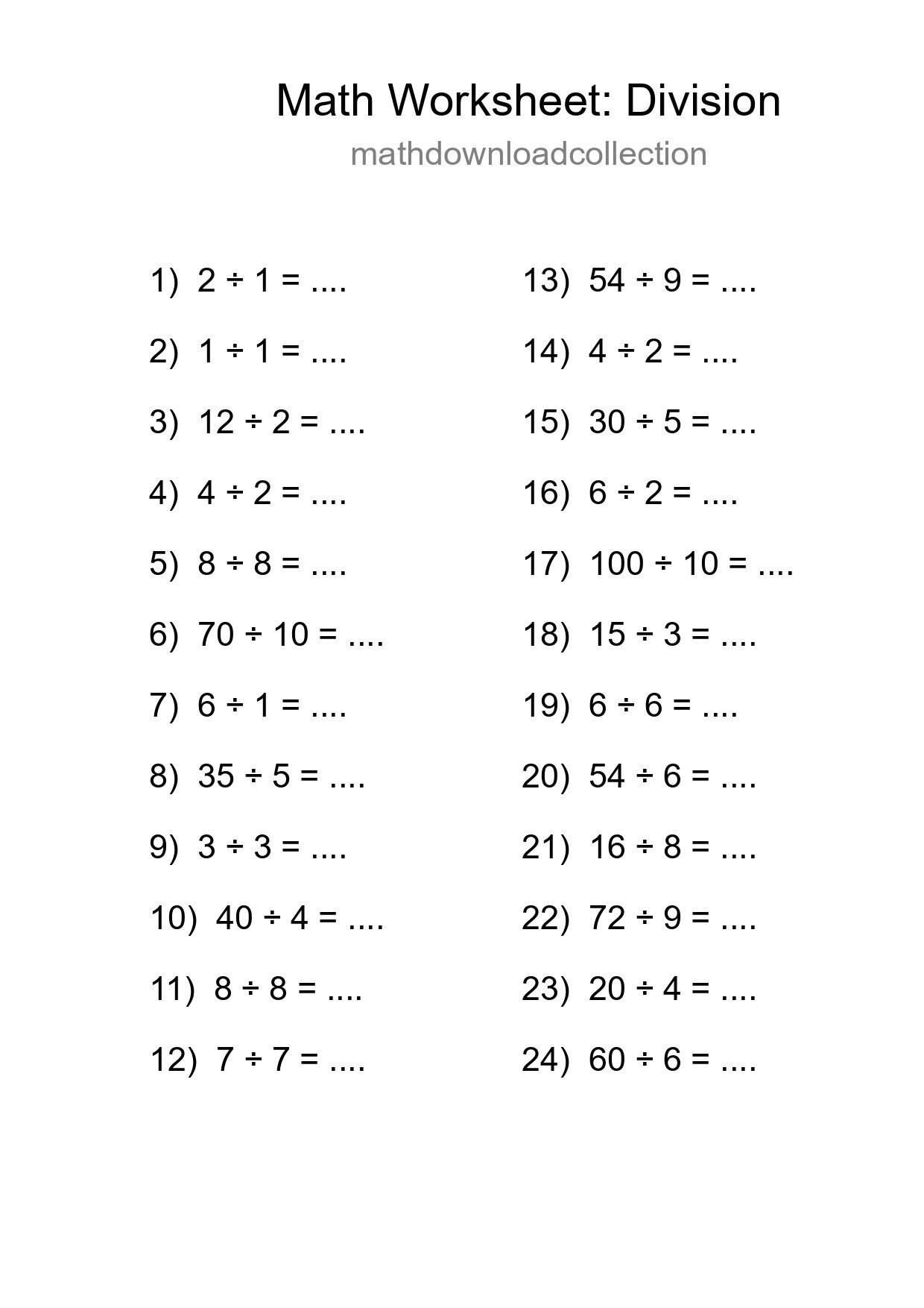 Grade 1 Division Practice Worksheet (24 Problems) - Part 103