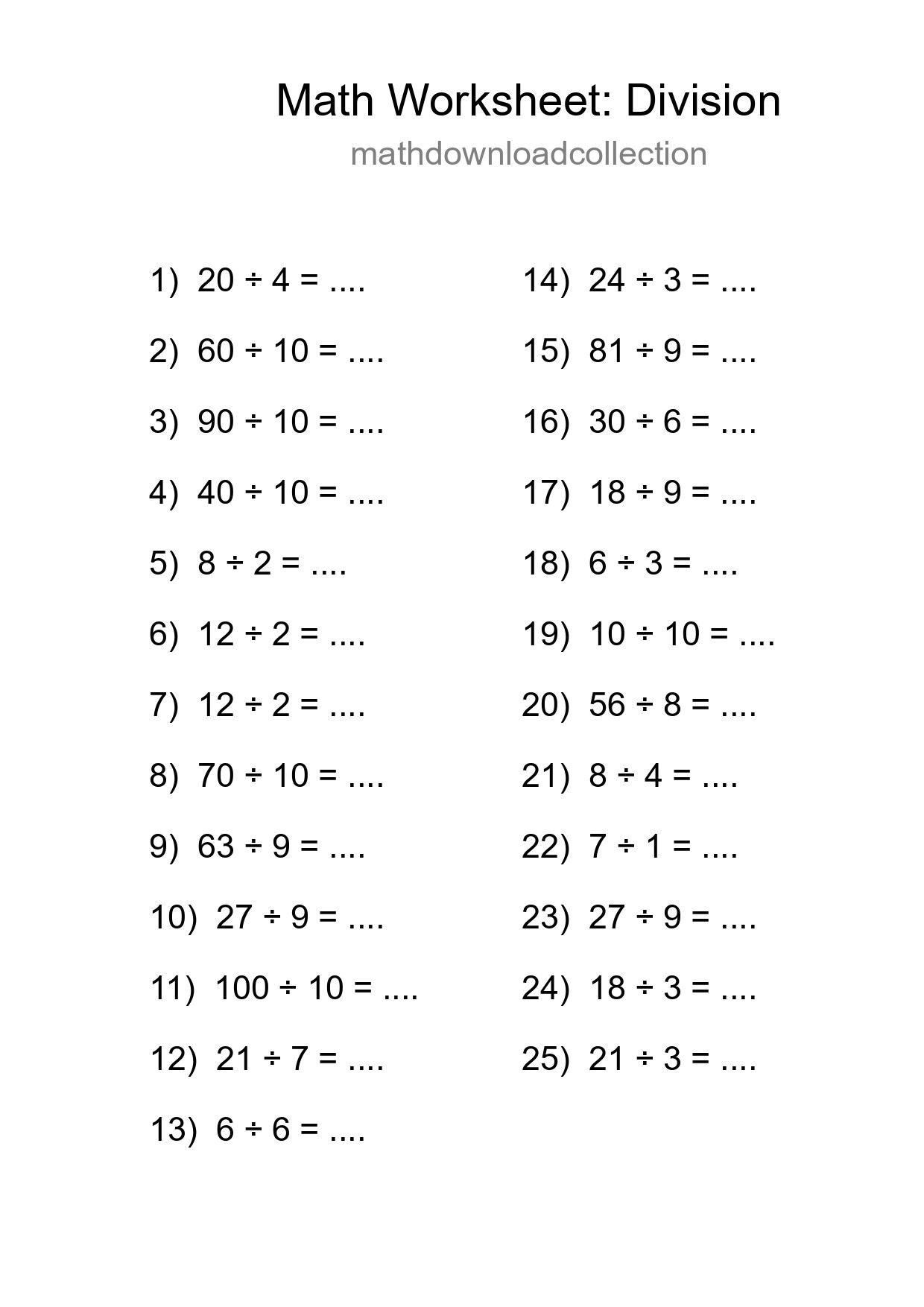 Grade 1 Division Practice Worksheet (25 Problems) - Part 180