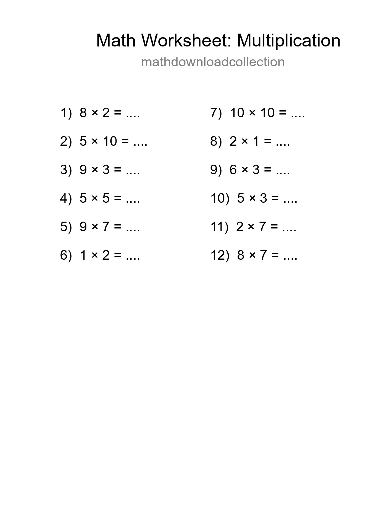 Grade 1 Multiplication Practice Worksheet (12 Problems) - Part 238