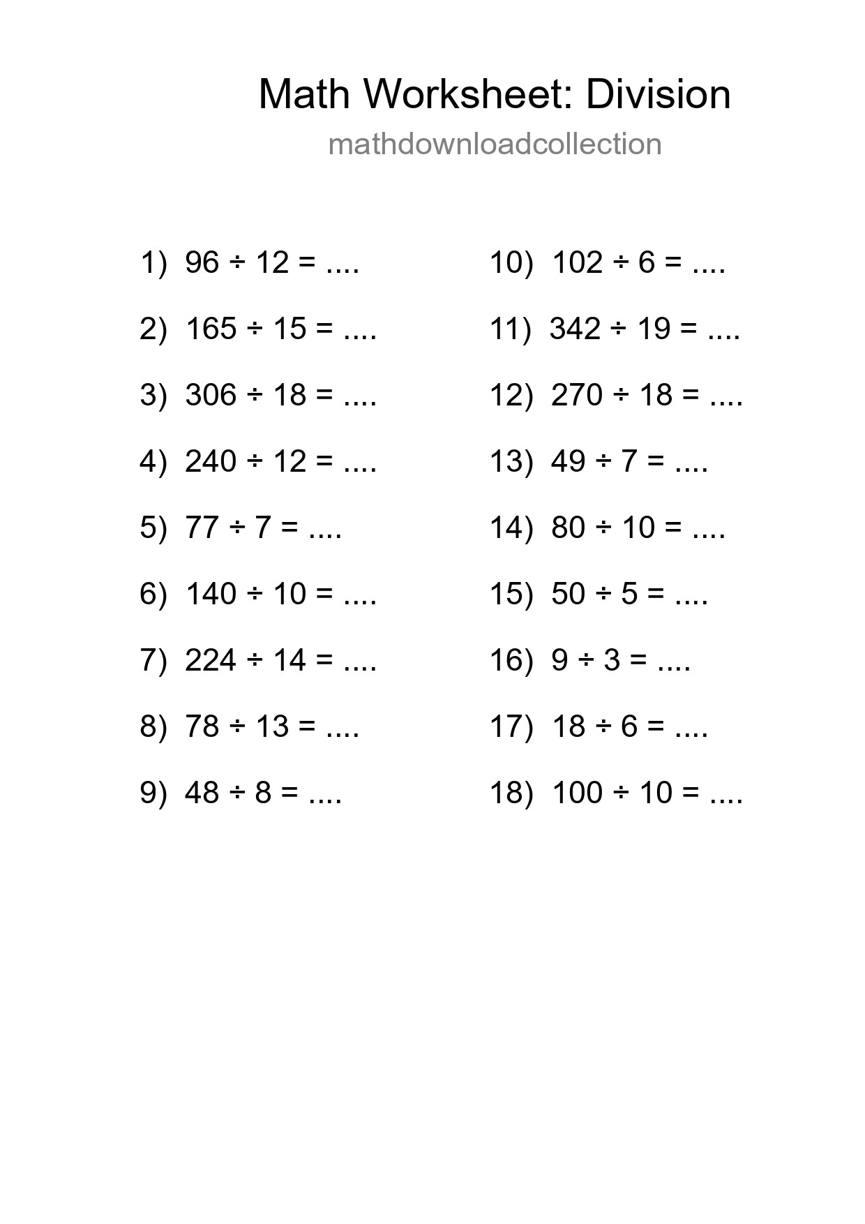 Grade 2 Division Practice Worksheet (18 Problems) - Part 125