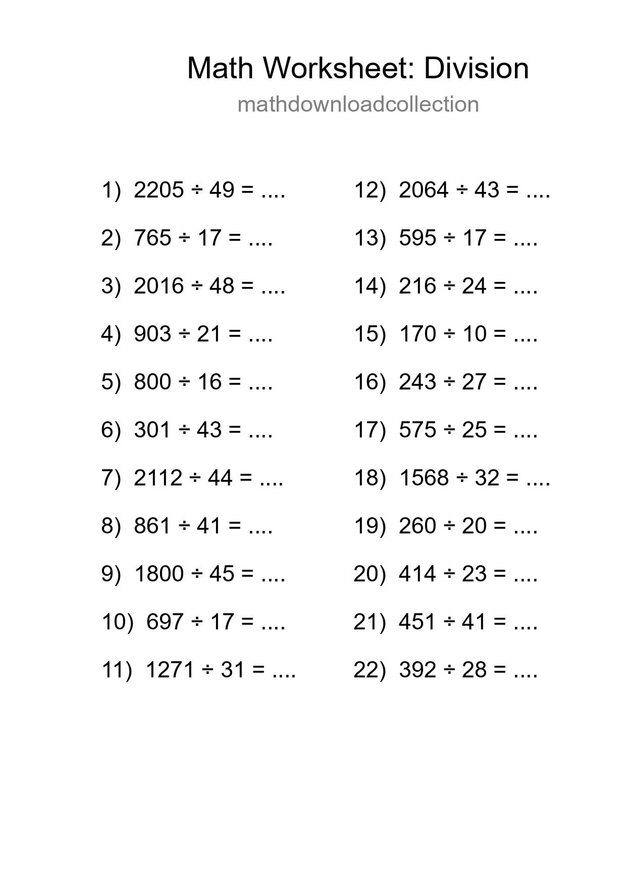 Grade 2 Division Practice Worksheet (22 Problems) - Part 37