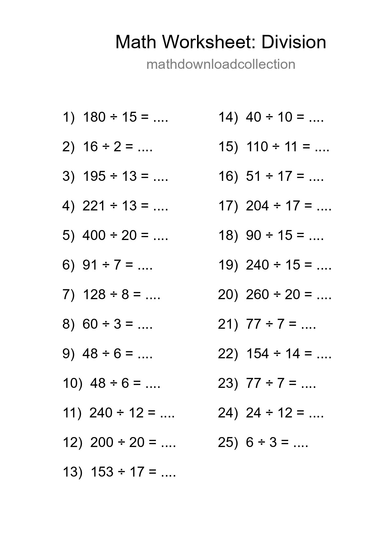 Grade 2 Division Practice Worksheet (25 Problems) - Part 290