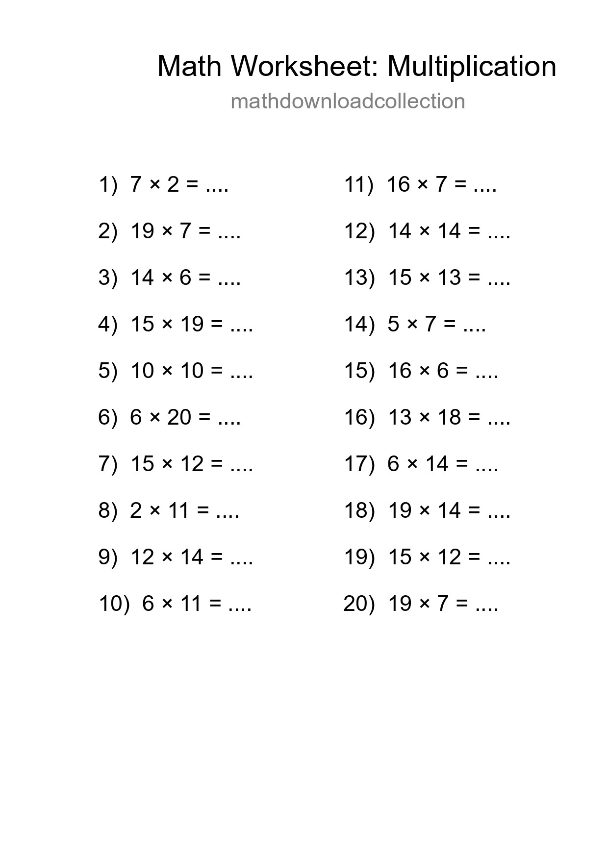 Grade 2 Multiplication Practice Worksheet (20 Problems) - Part 172