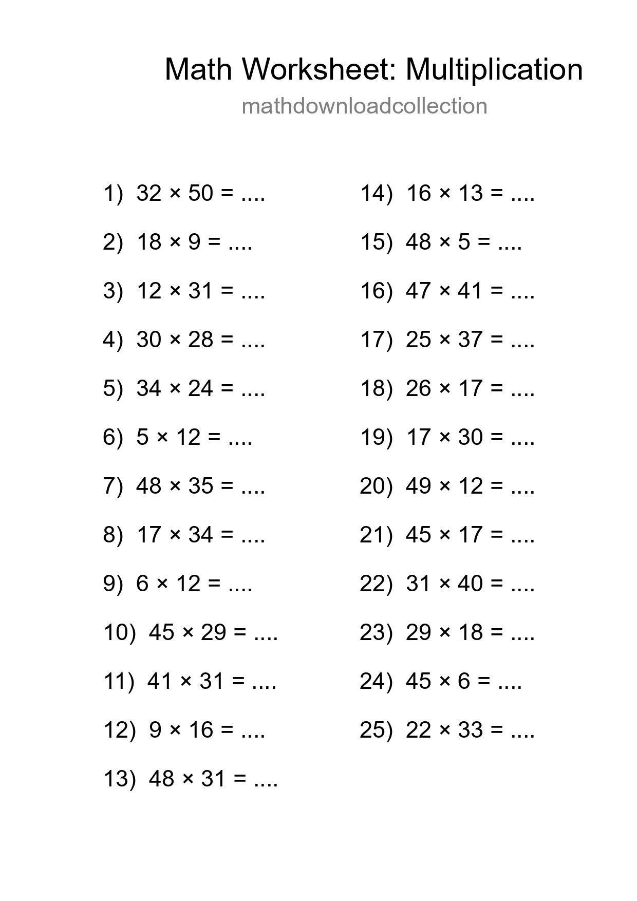 Grade 2 Multiplication Practice Worksheet (25 Problems) - Part 51