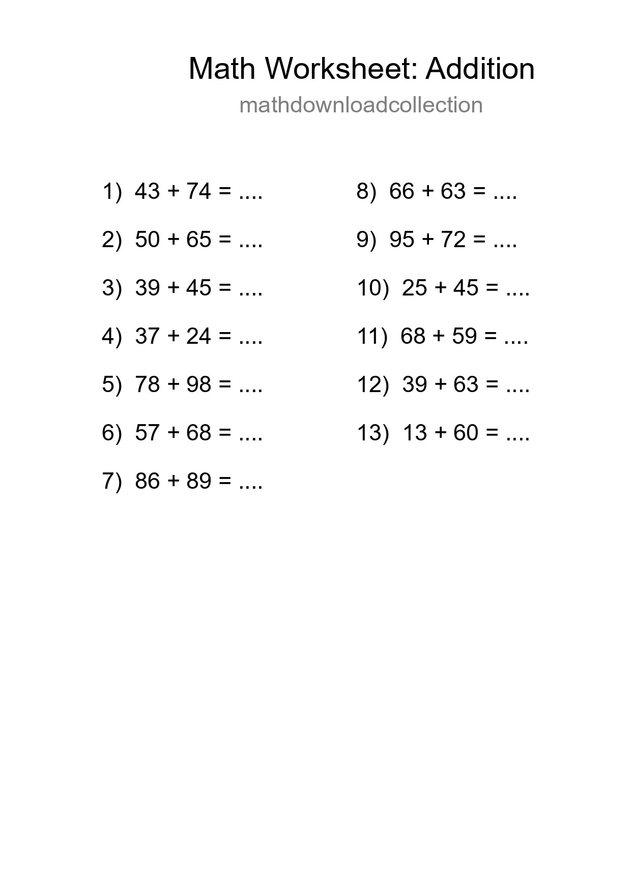 Grade 3 Addition Practice Worksheet (13 Problems) - Part 287