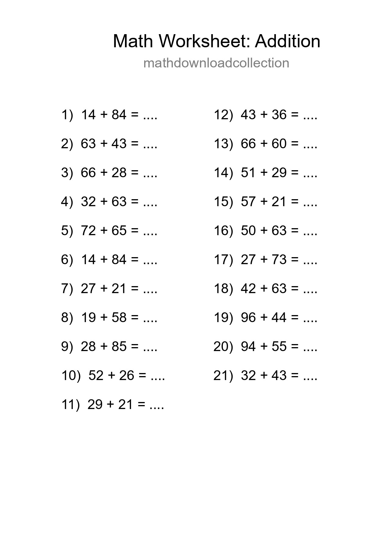 Grade 3 Addition Practice Worksheet (21 Problems) - Part 133