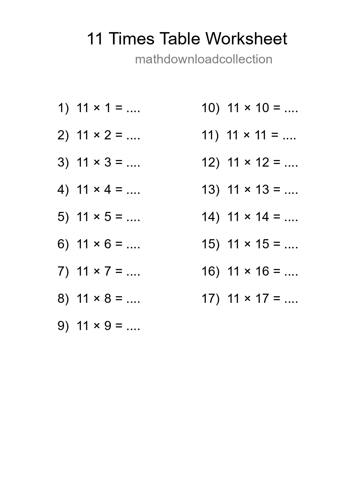 Grade 4 Multiplication Table 11 Practice - Part 9