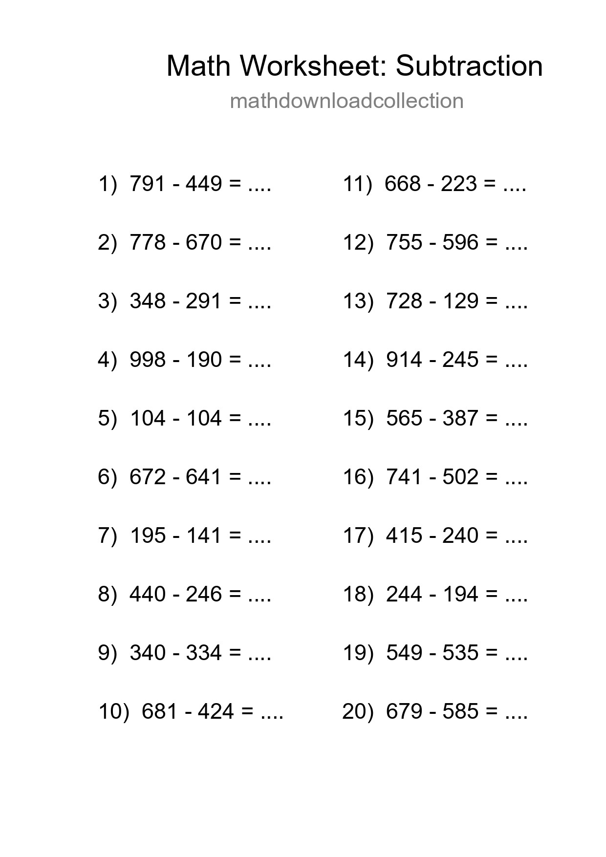 Grade 5 Subtraction Practice Worksheet (20 Problems) - Part 74