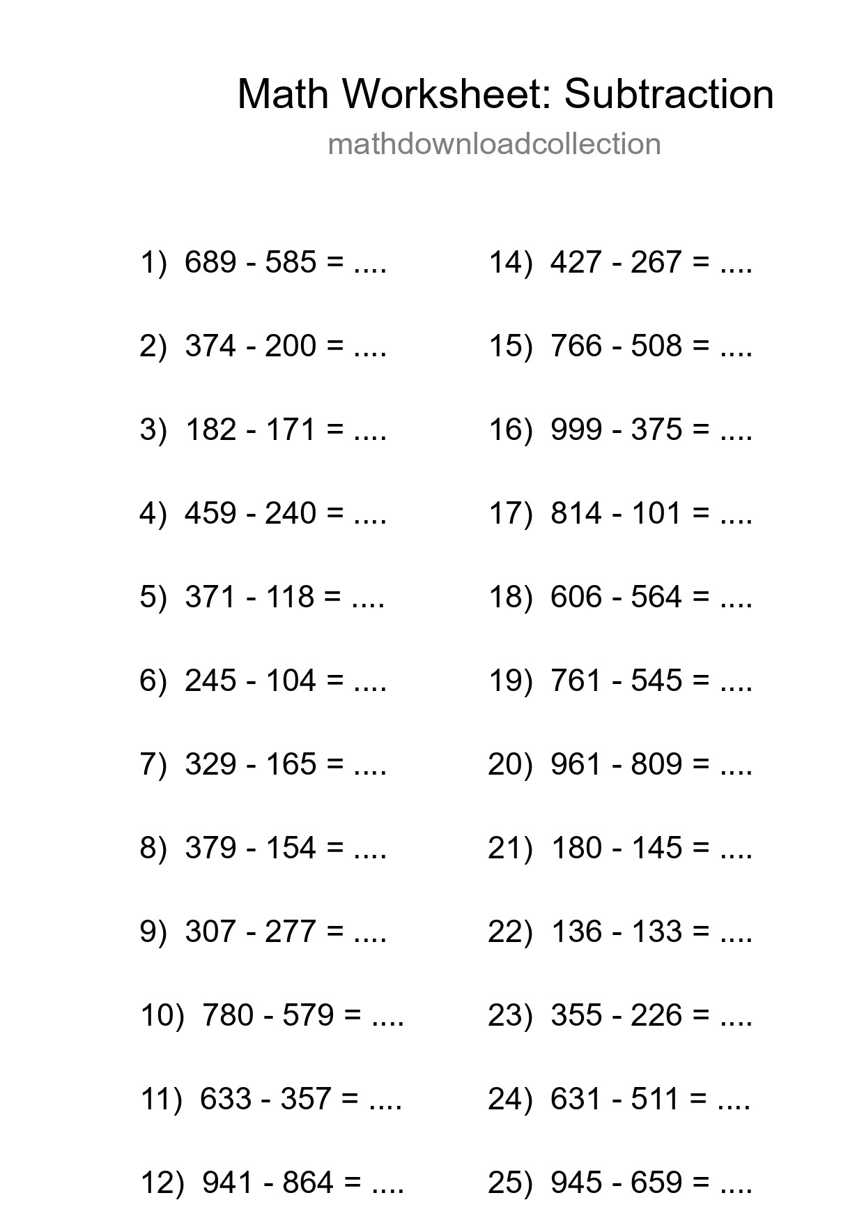 Grade 5 Subtraction Practice Worksheet (25 Problems) - Part 8