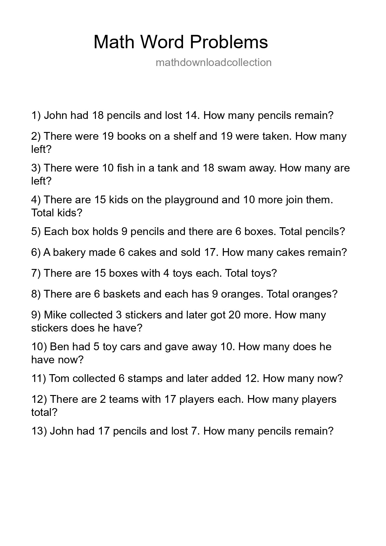 Math Word Problem Worksheet