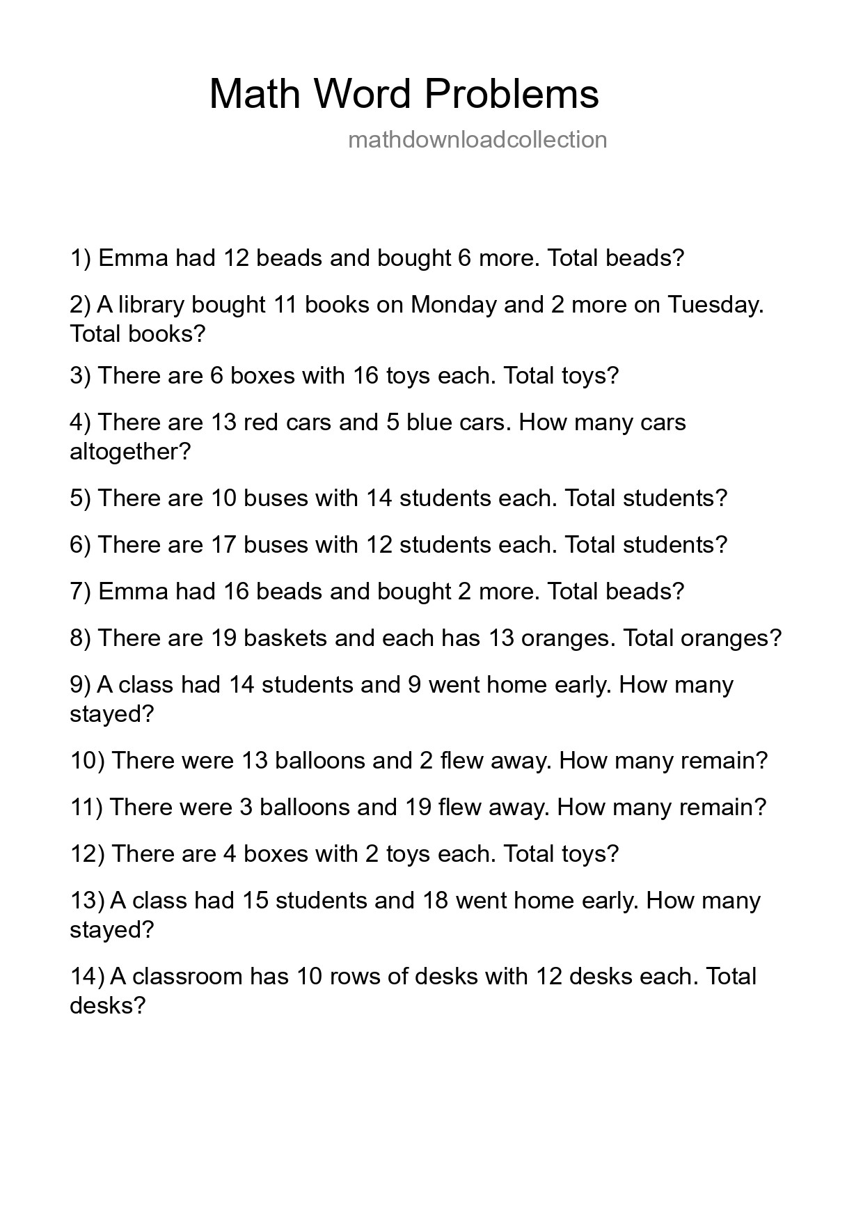 Math Word Problem Worksheet