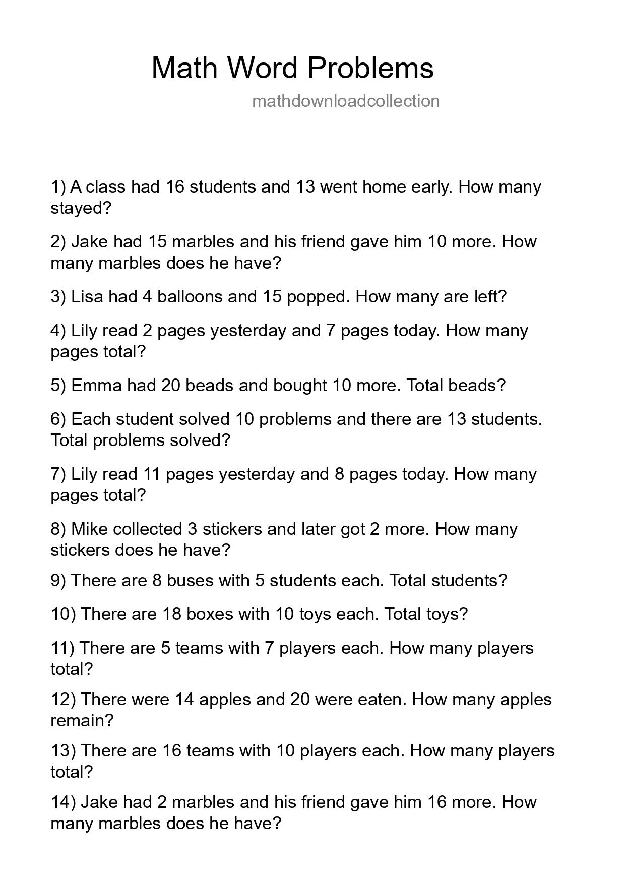 Math Word Problem Worksheet