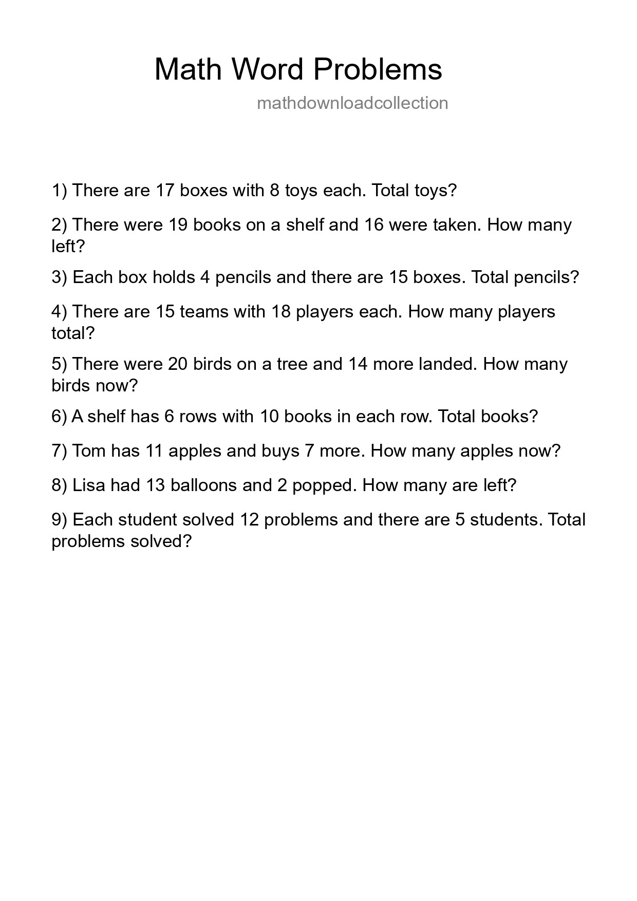 Math Word Problem Worksheet