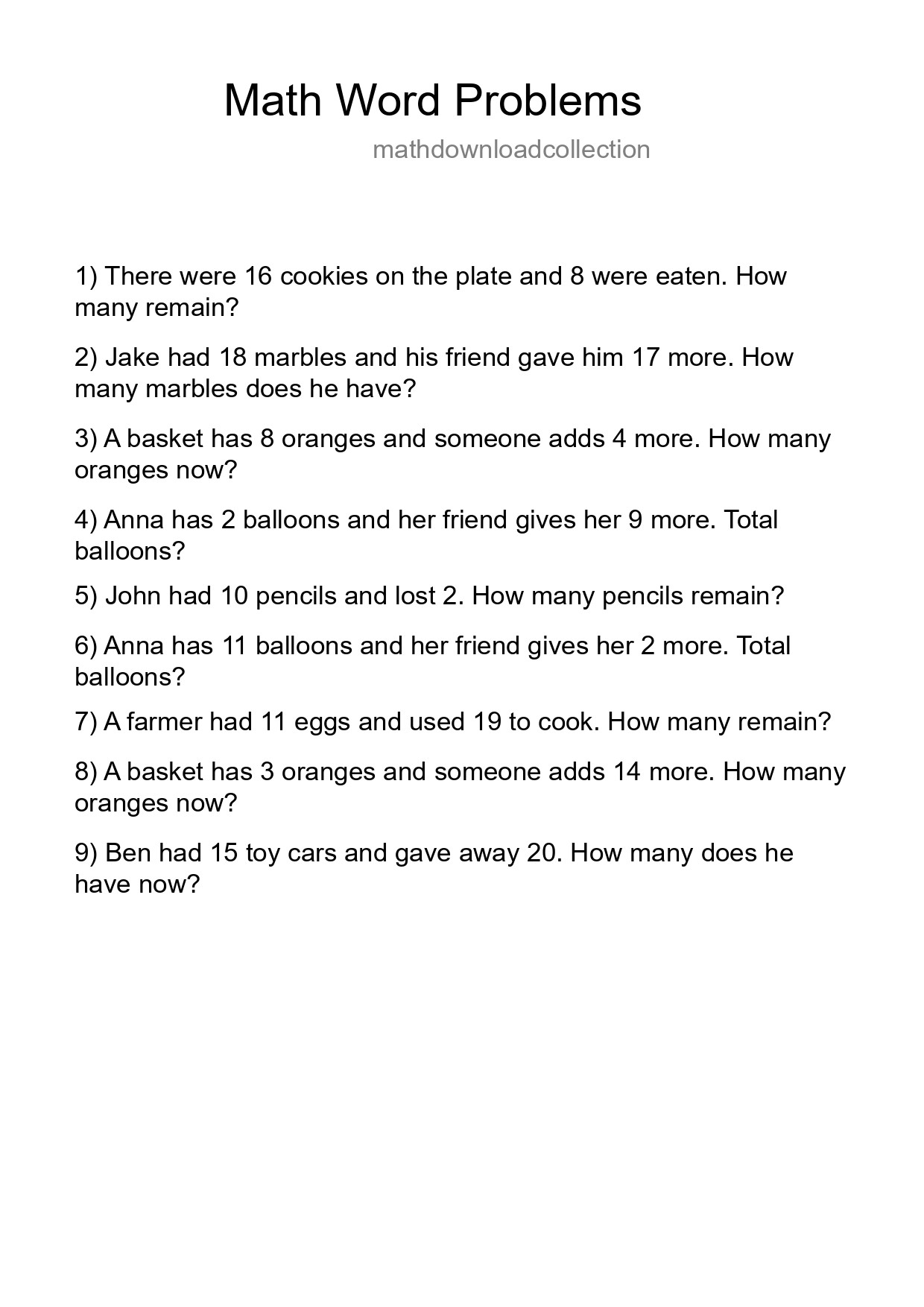 Math Word Problem Worksheet