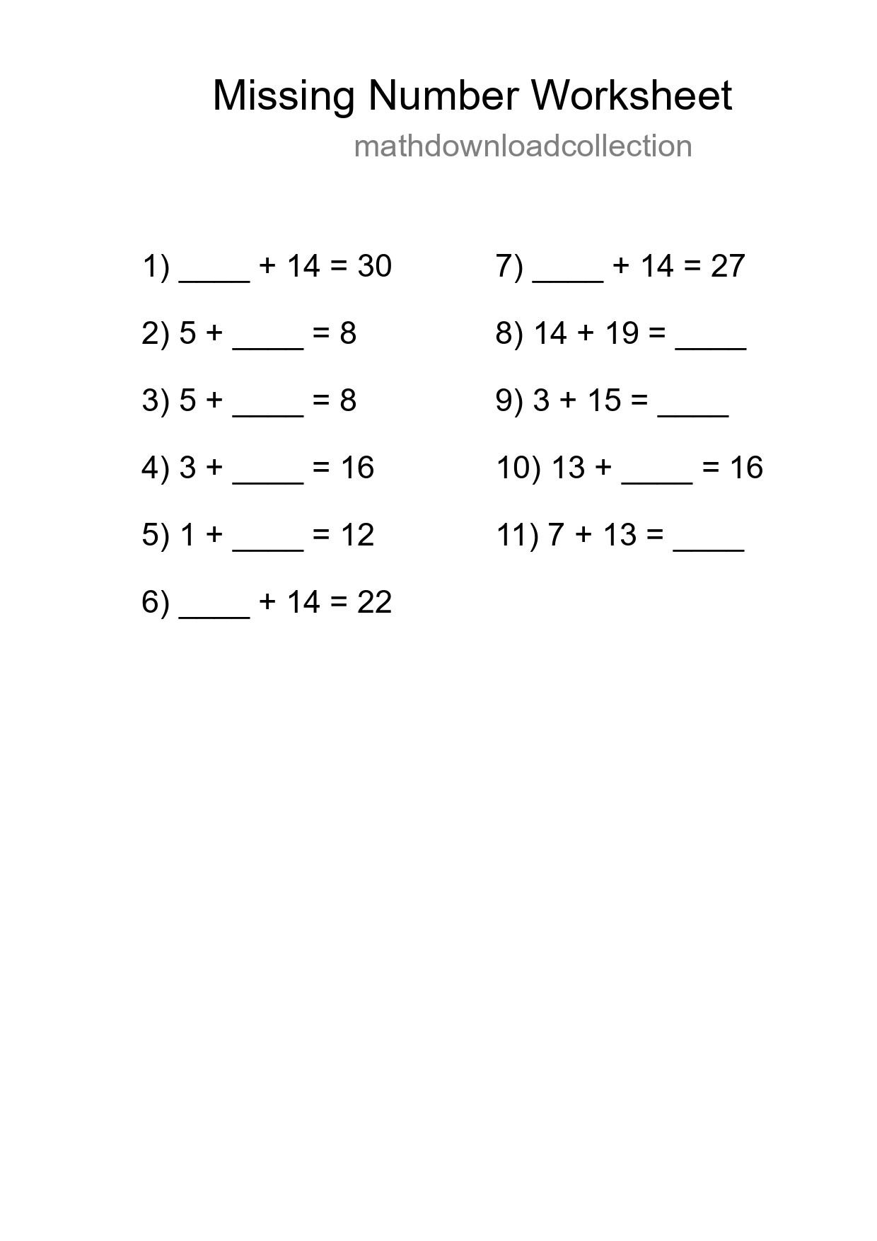 Missing Number Math Worksheet