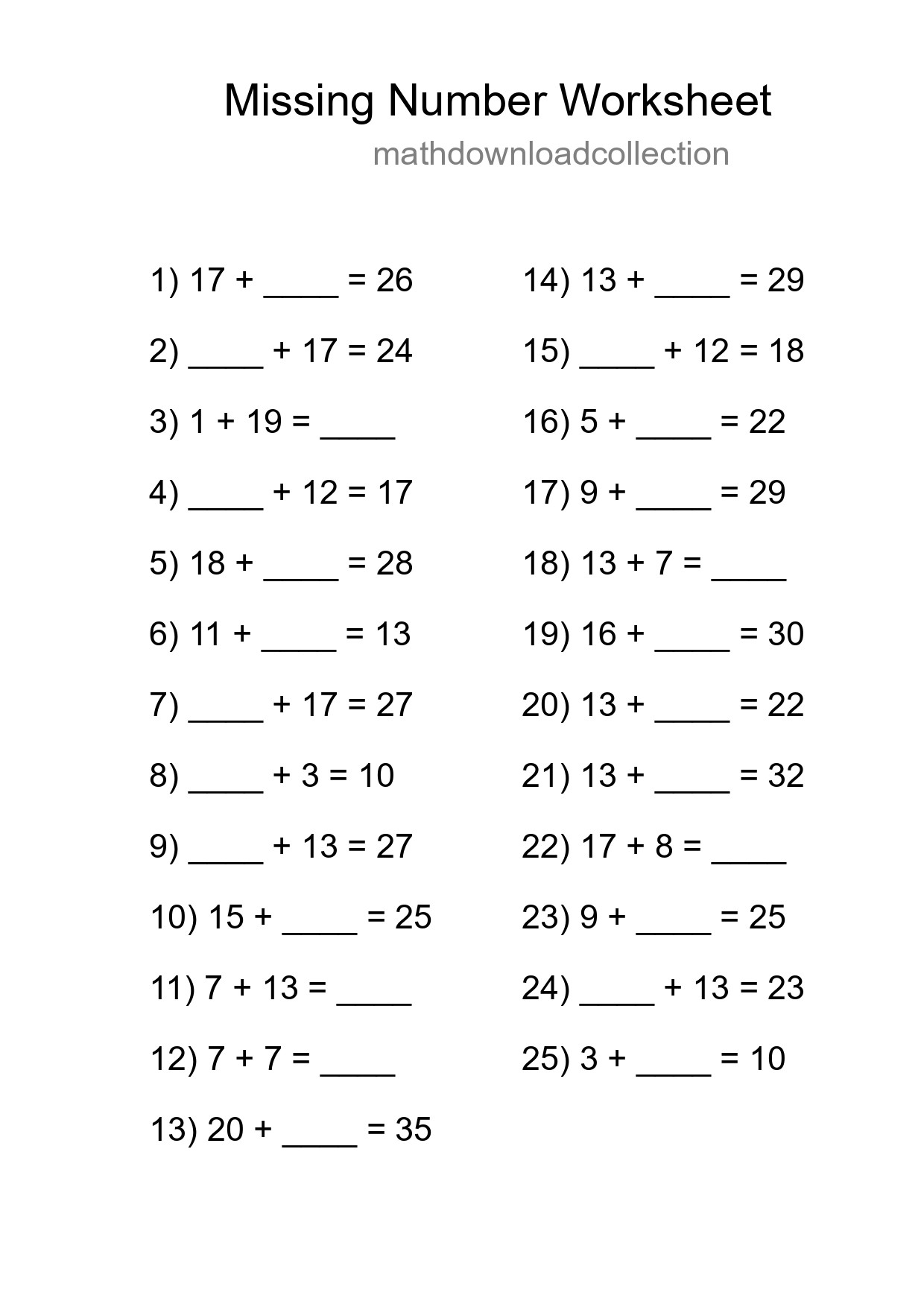 Missing Number Math Worksheet