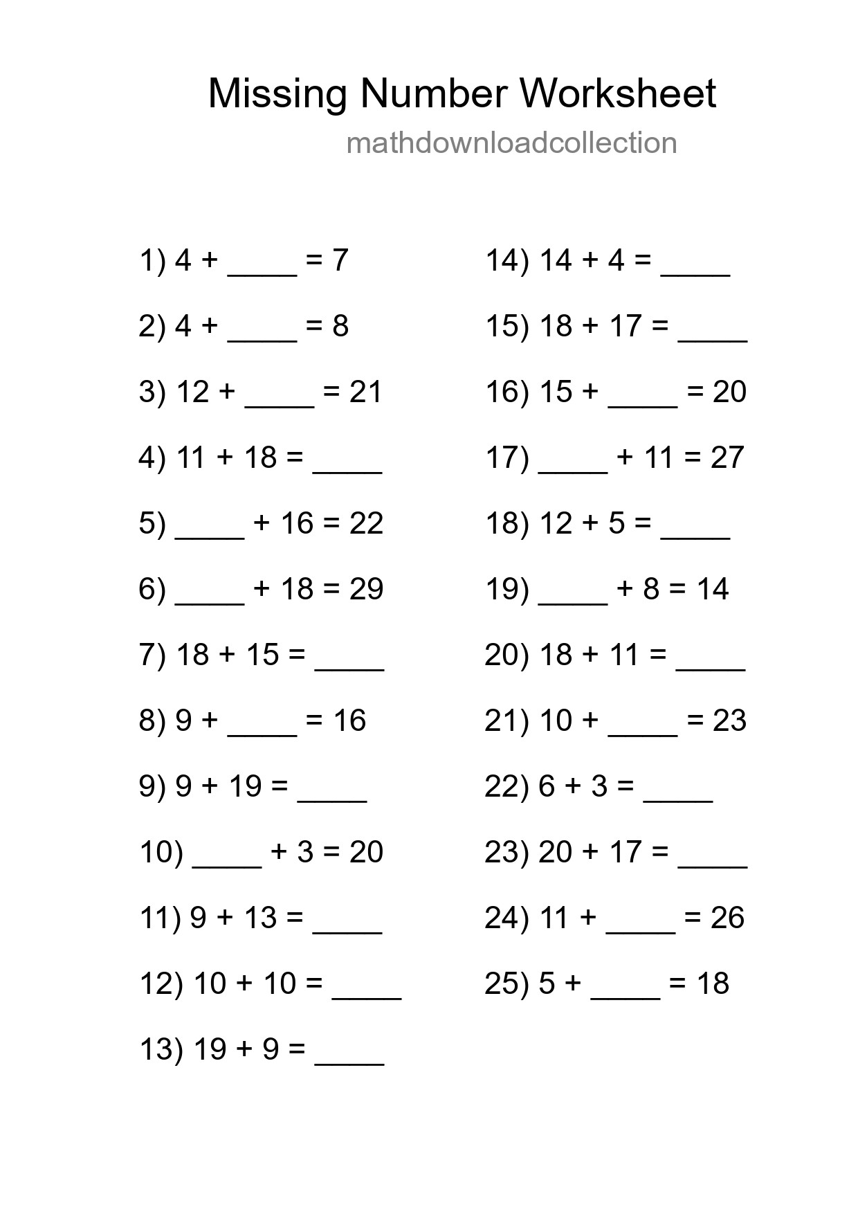 Missing Number Math Worksheet