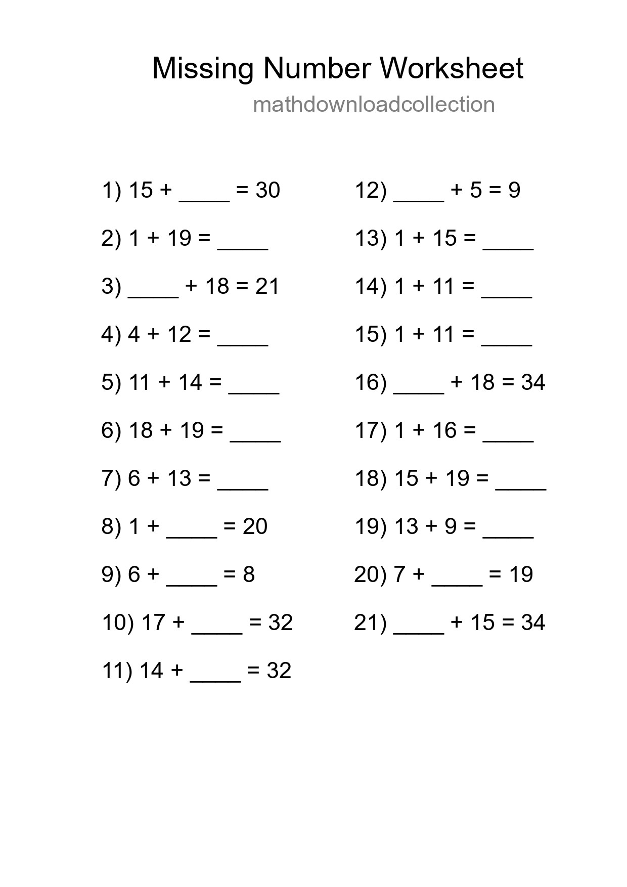 Missing Number Math Worksheet