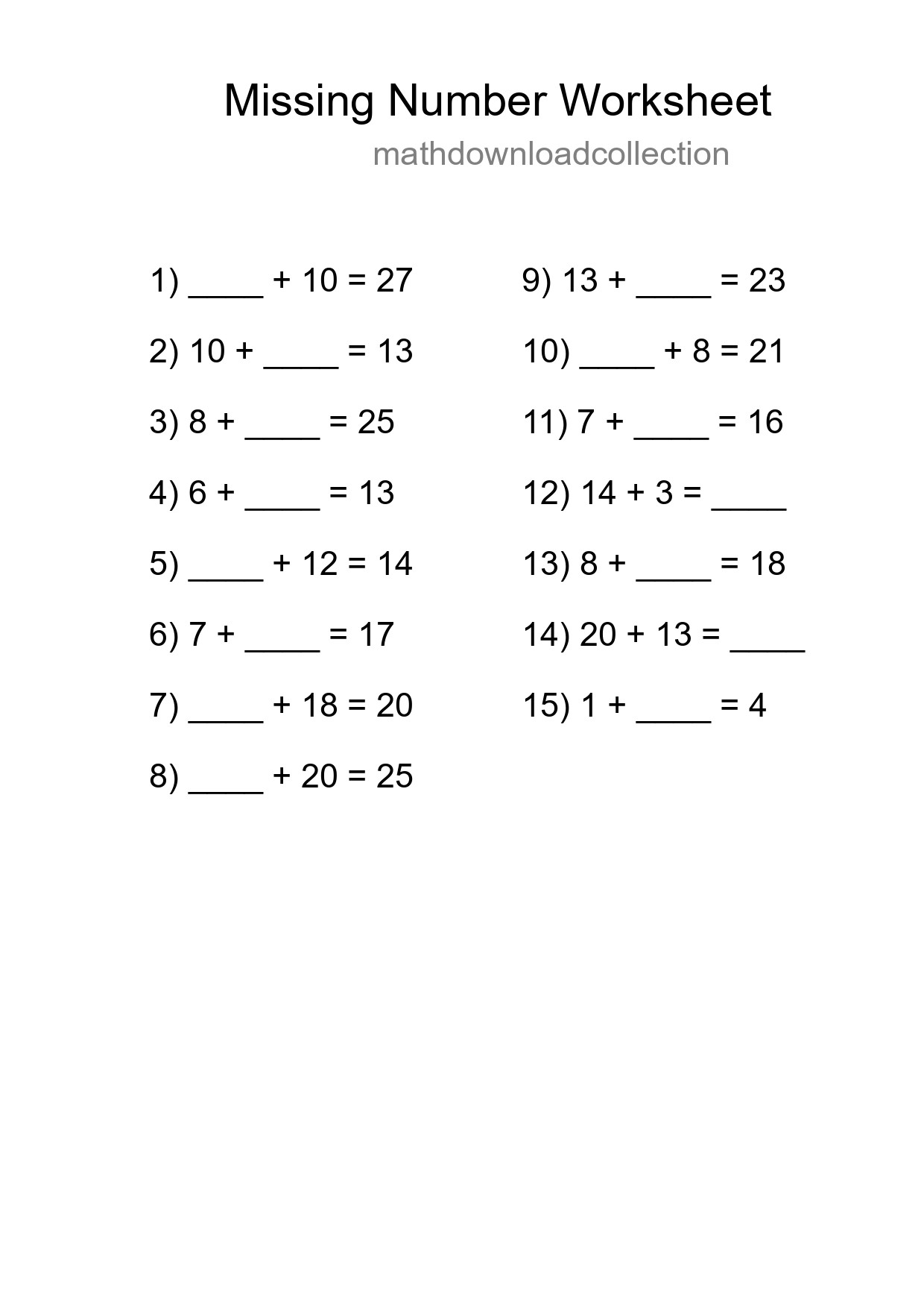 Missing Number Math Worksheet