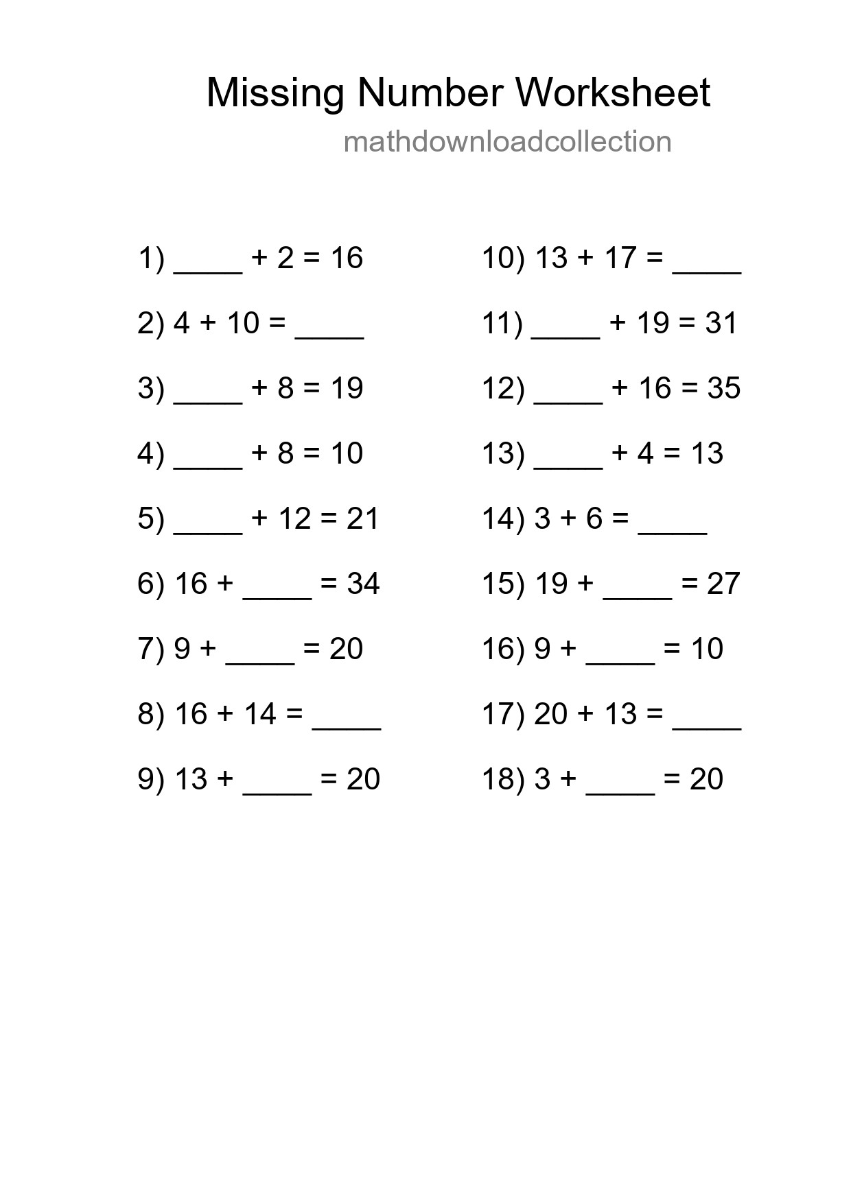 Missing Number Math Worksheet