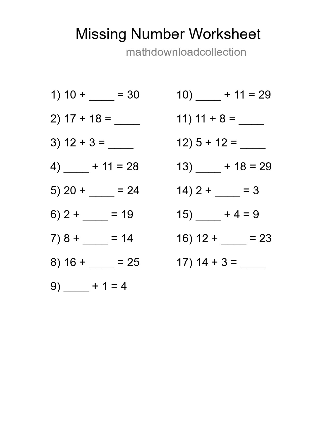Missing Number Math Worksheet