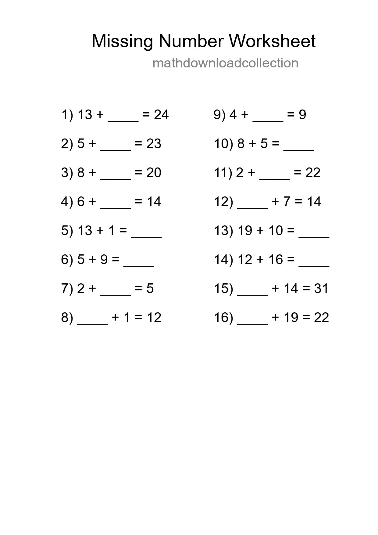 Missing Number Math Worksheet