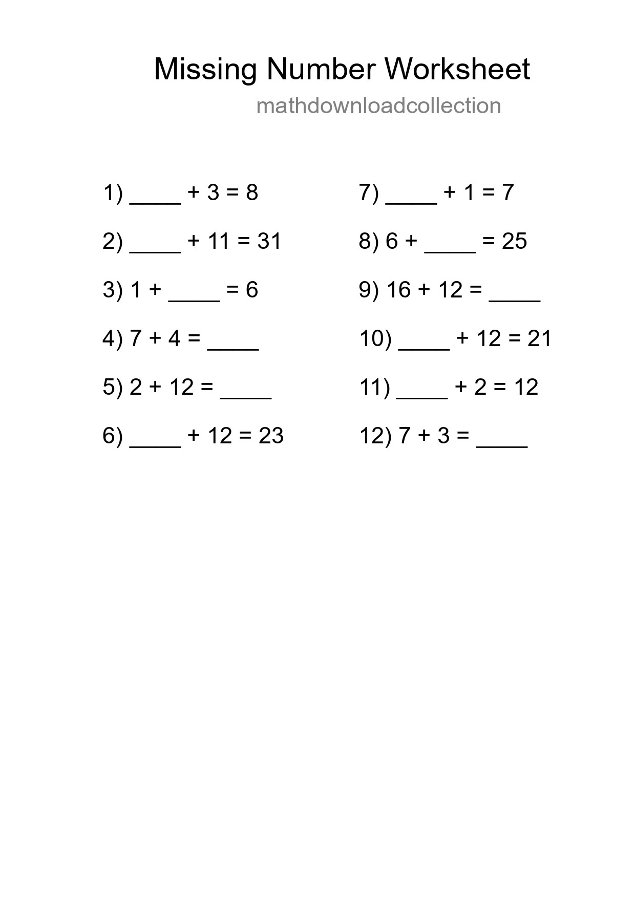 Missing Number Math Worksheet