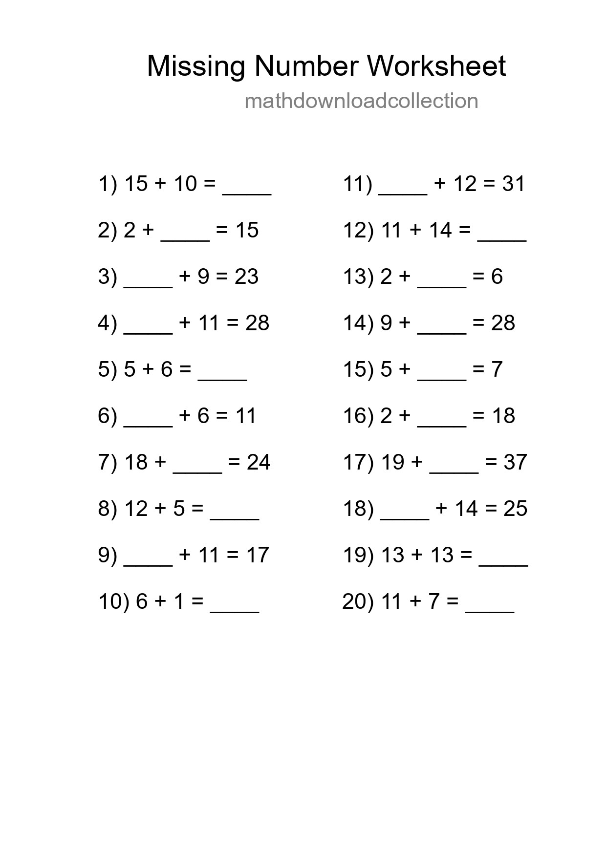 Missing Number Math Worksheet