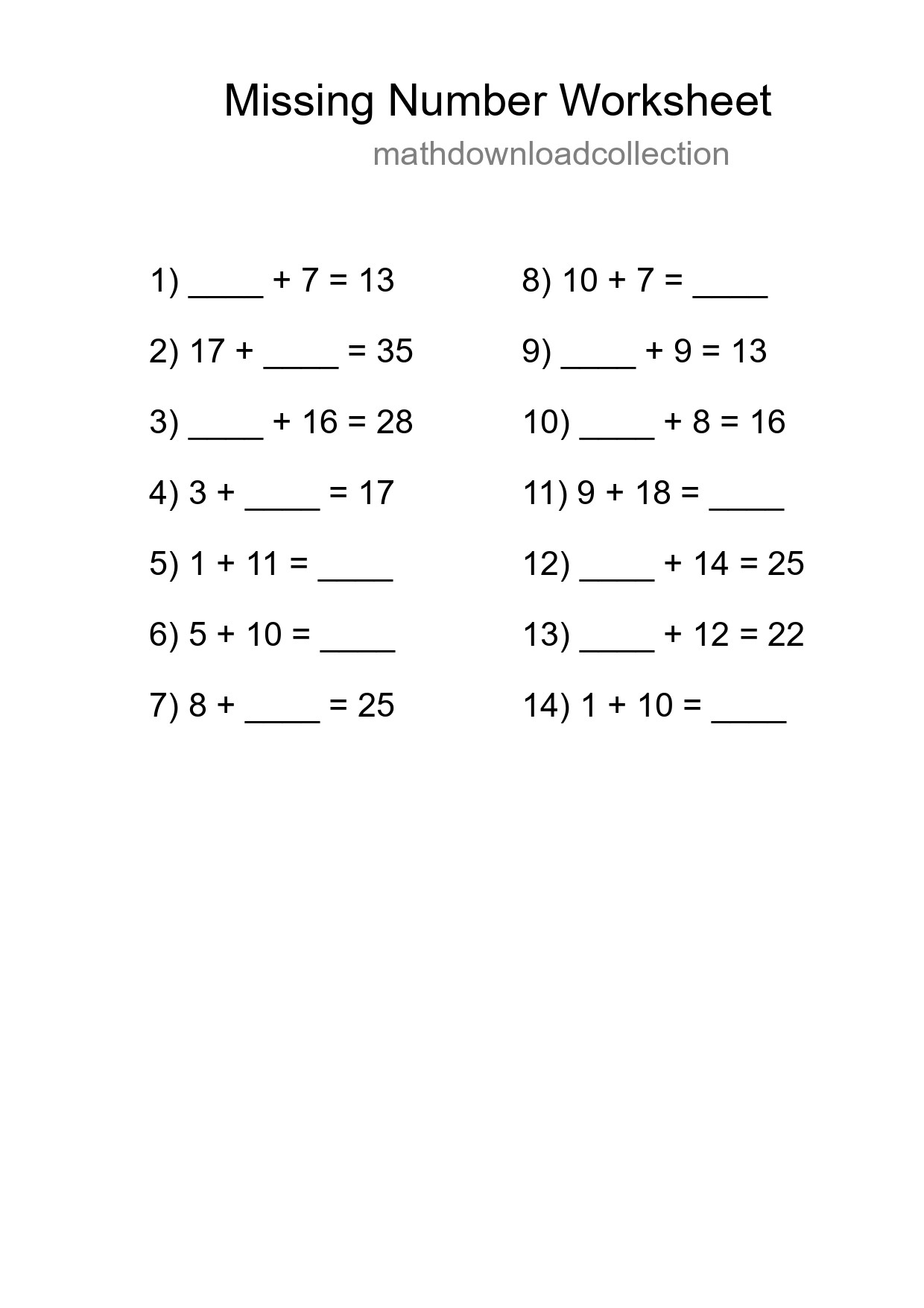 Missing Number Math Worksheet