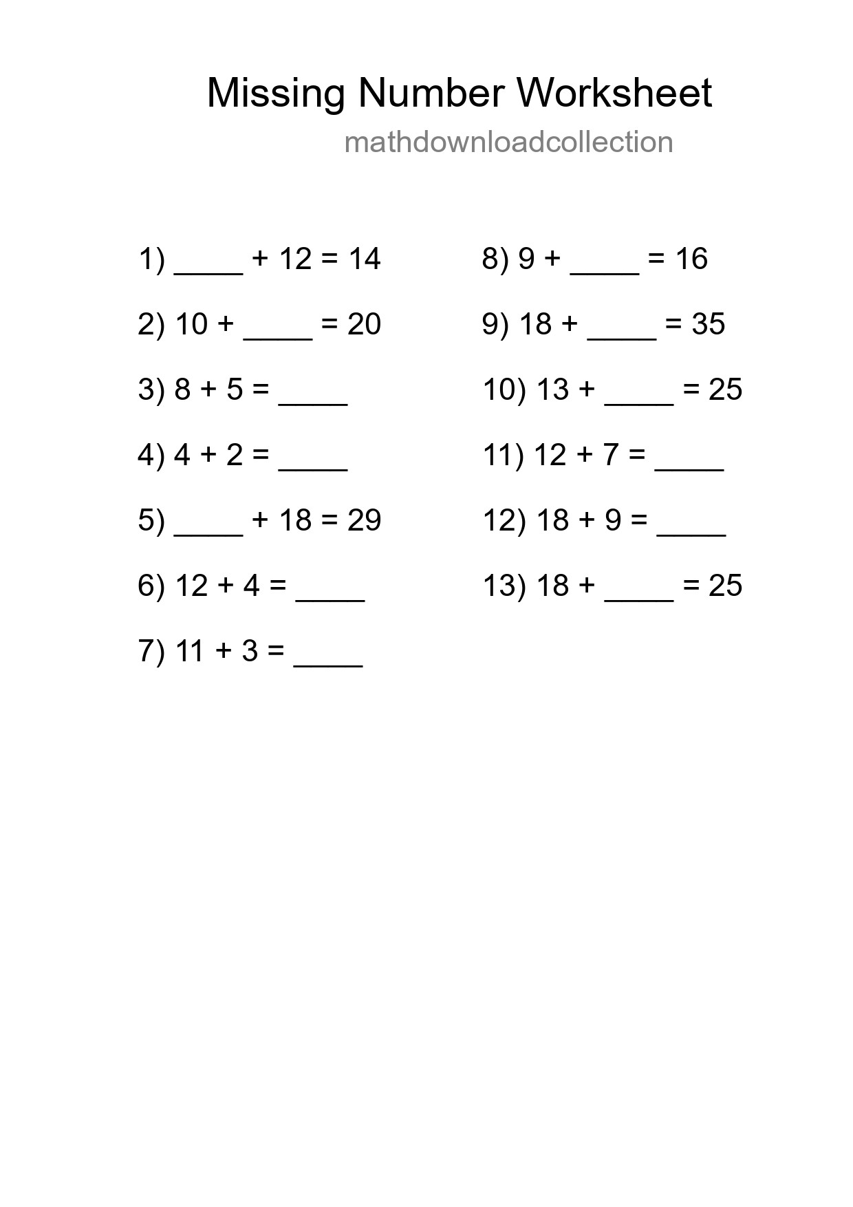 Missing Number Math Worksheet
