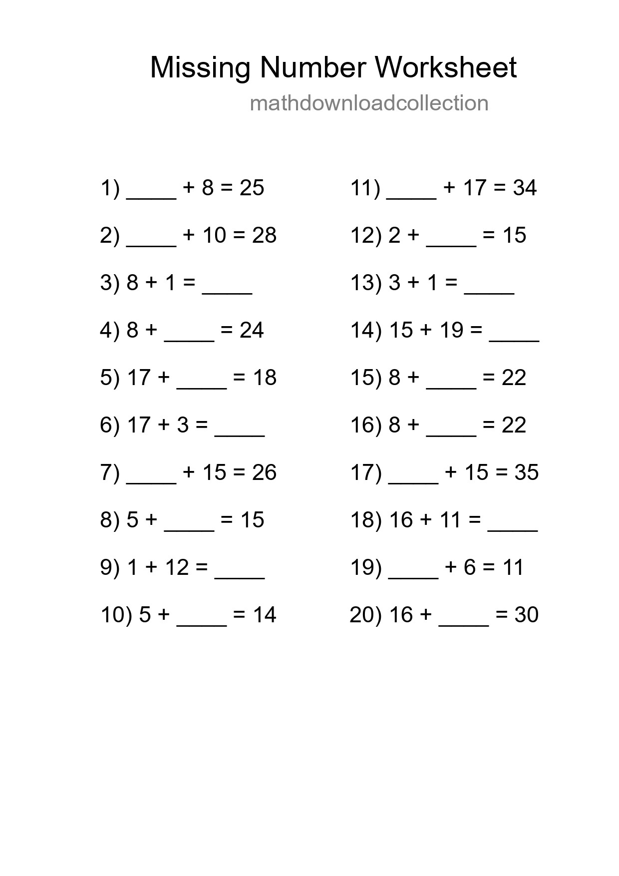 Missing Number Math Worksheet