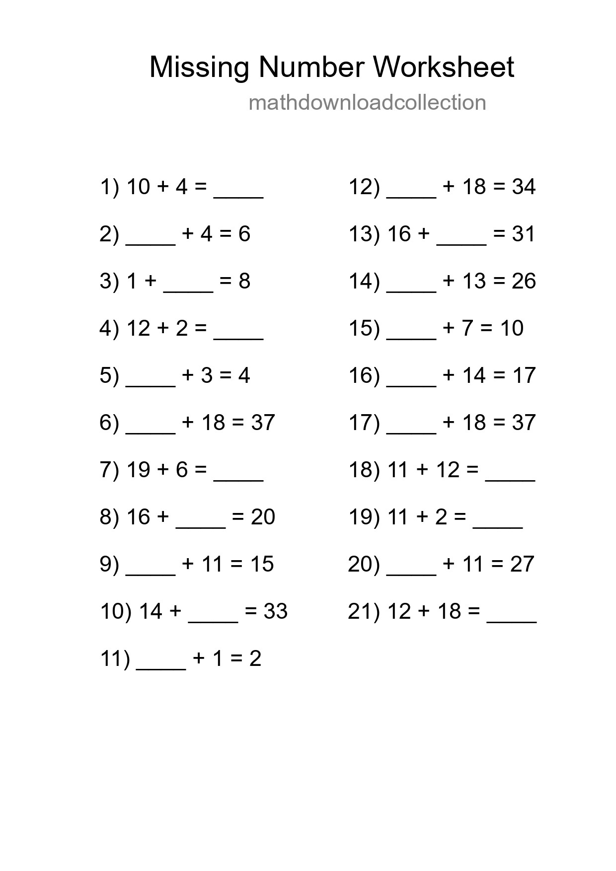 Missing Number Math Worksheet