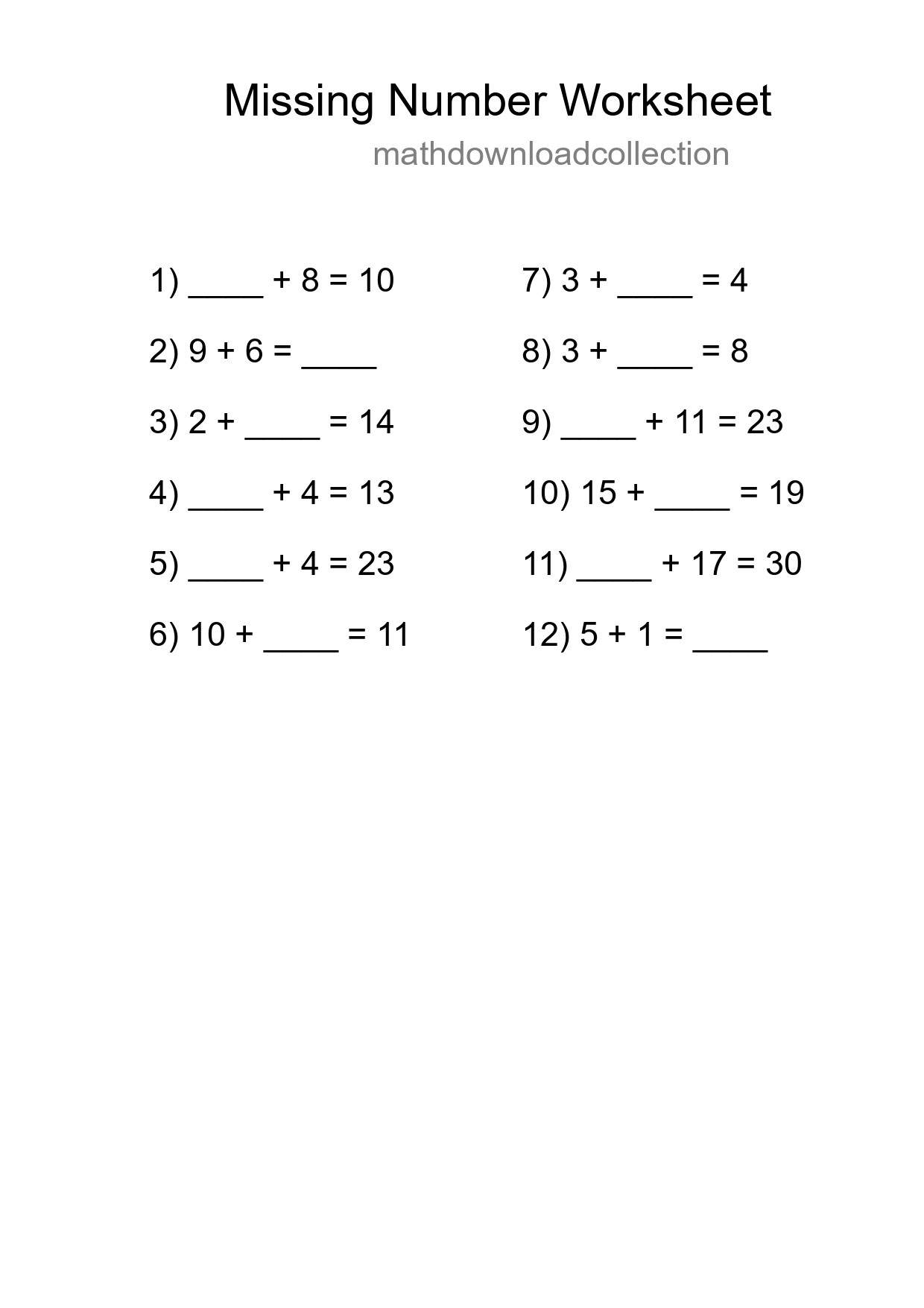 Missing Number Math Worksheet